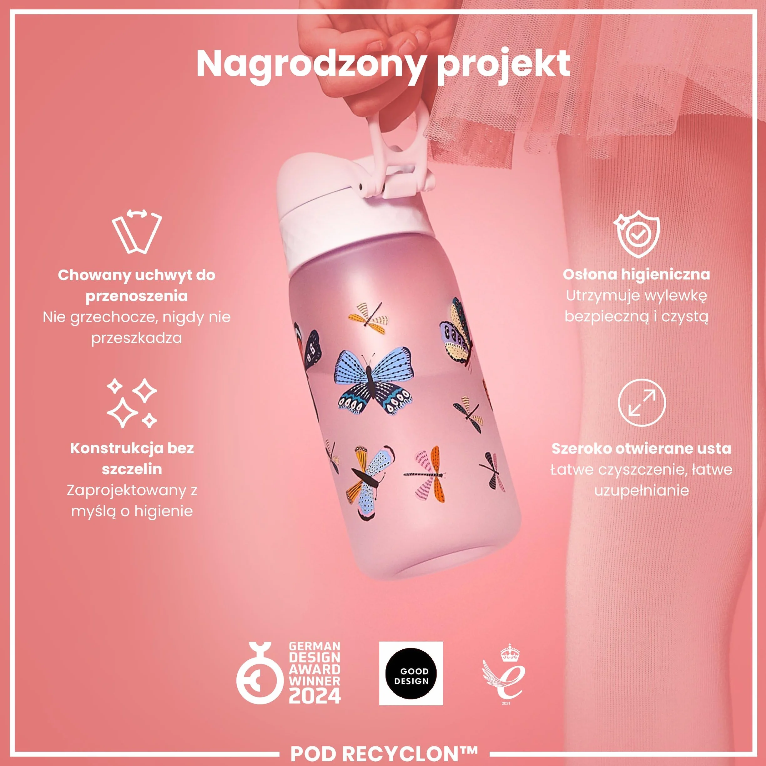 ION8 Butelka dla Dzieci 350 ml Szczelna Bez BPA Można Myć w Zmywarce Wzór Motyle