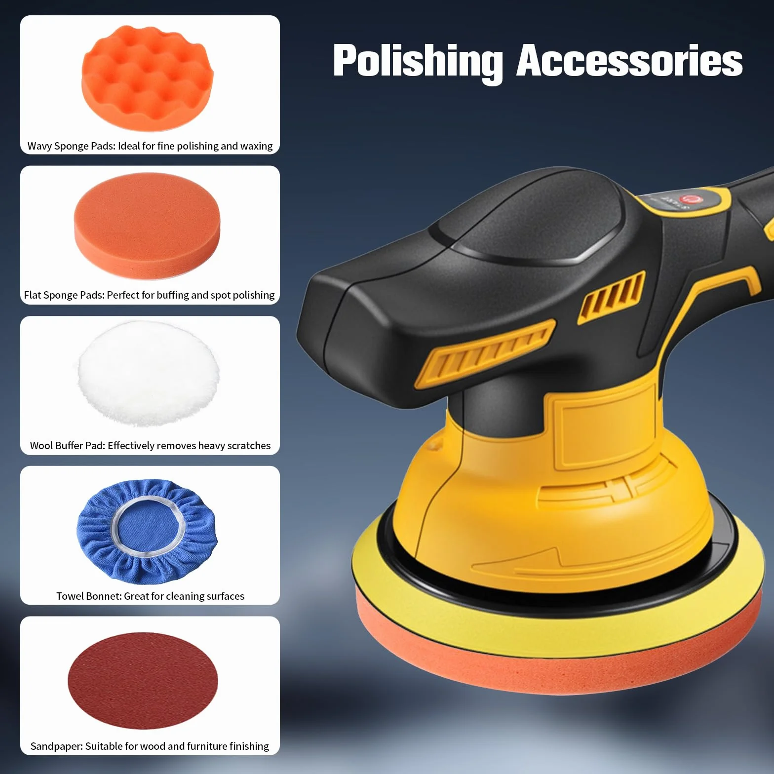 Akumulatorowa polerka samochodowa 20 V, 150 mm, 8 prędkości (0-4500 obr./min), 12 zestawów polerskich