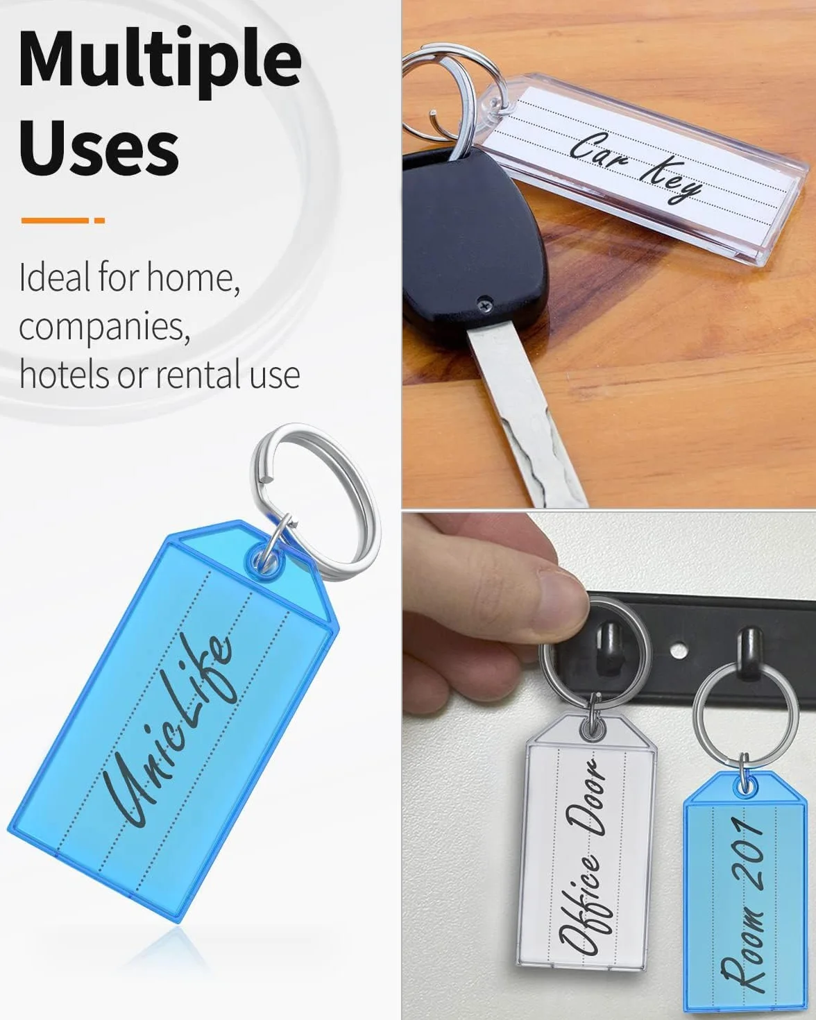 Uniclife 20 sztuk Przywieszki do kluczy 5 cm Plastikowe Przywieszki do łańcucha kluczy z przezroczystymi etykietami i dzielonymi pierścieniami, stabilne identyfikatory przedmiotów, 8 kolorów