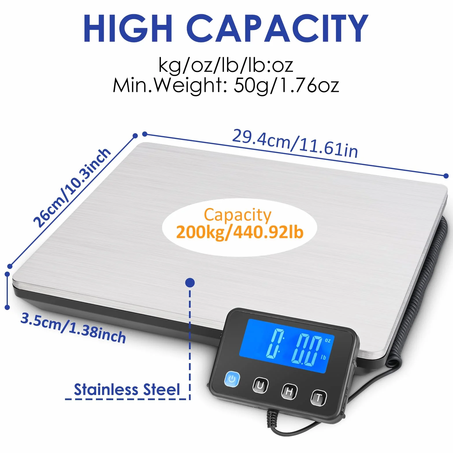 Cyfrowa waga platformowa ze stali nierdzewnej 50-200 kg z uchwytem i funkcją tary, zewnętrzny wyświetlacz LCD