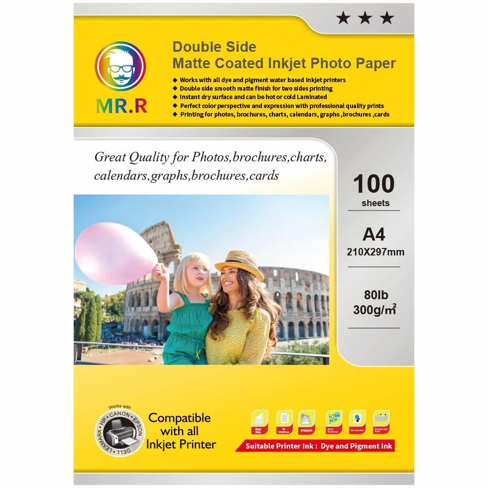 MR.R A4 300 gsm Podwójnie matowy papier fotograficzny Wodoodporny Jasny biały 100 arkuszy