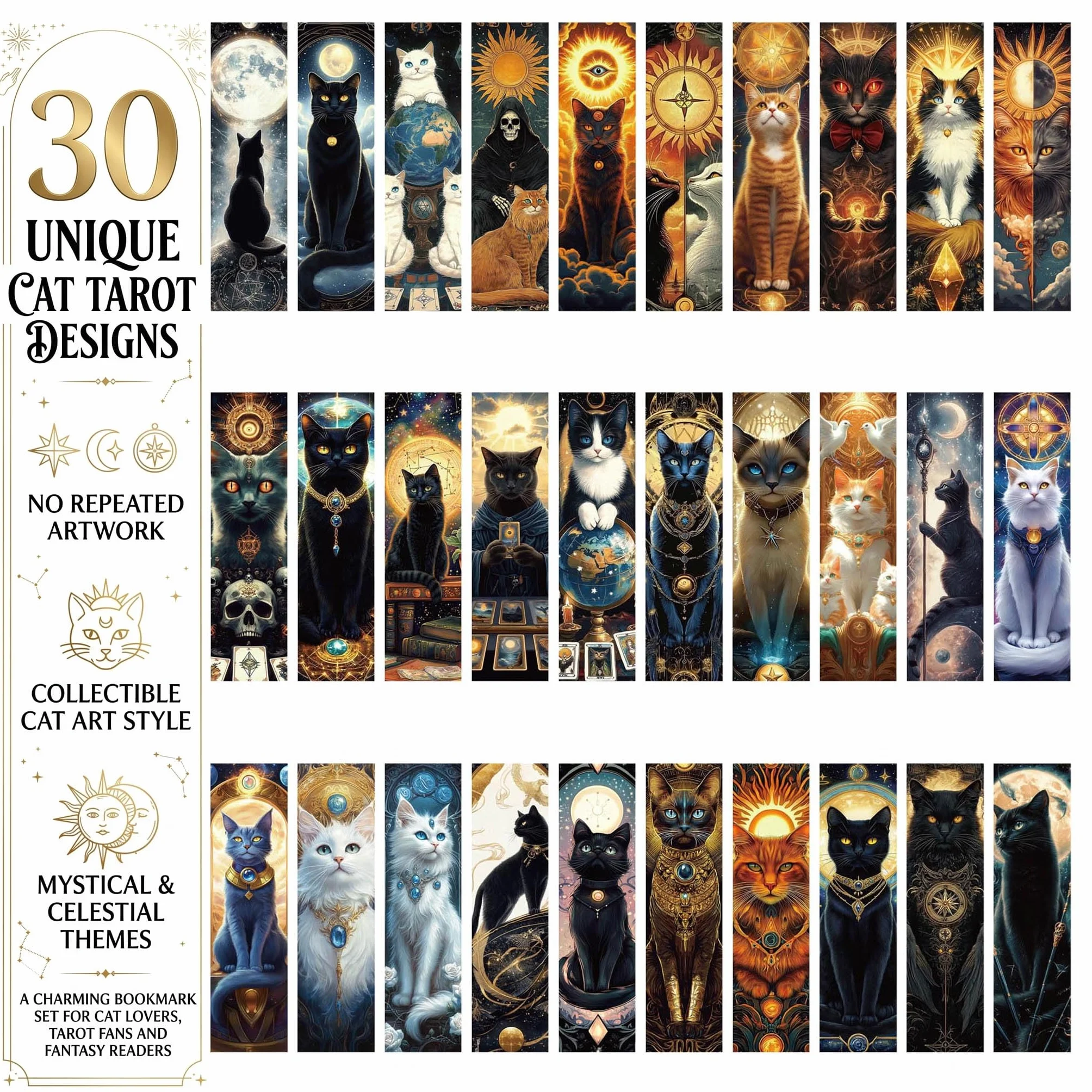 Zakładki do Książek Cat Tarot 30 Szt., Papierowe Zakładki z Kotami i Motywami Niebiańskimi 15 x 4 cm, Mistyczna Kolekcja Artystyczna dla Miłośników Książek, Kotów i Fantasy