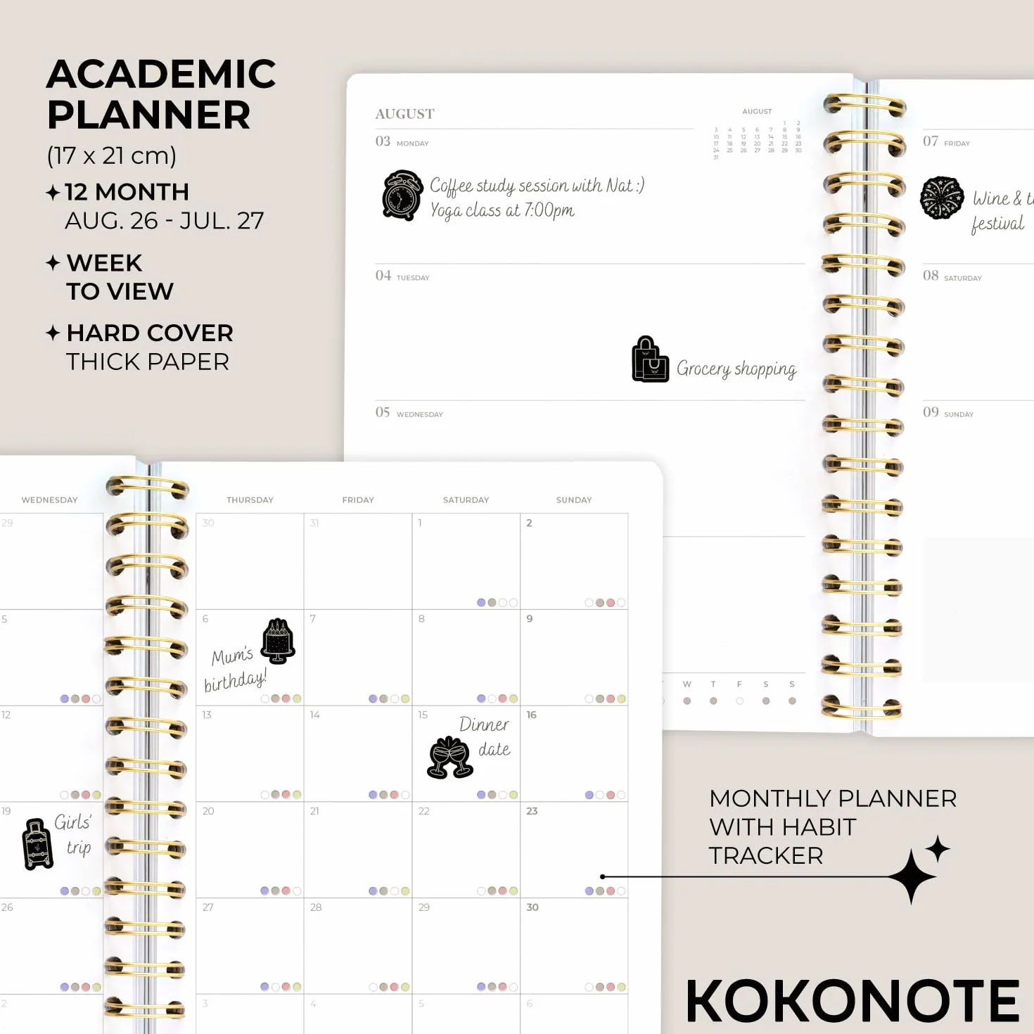 Kokonote Academic Diary 2026-2027 Week to View Seasonal Flowers Planner