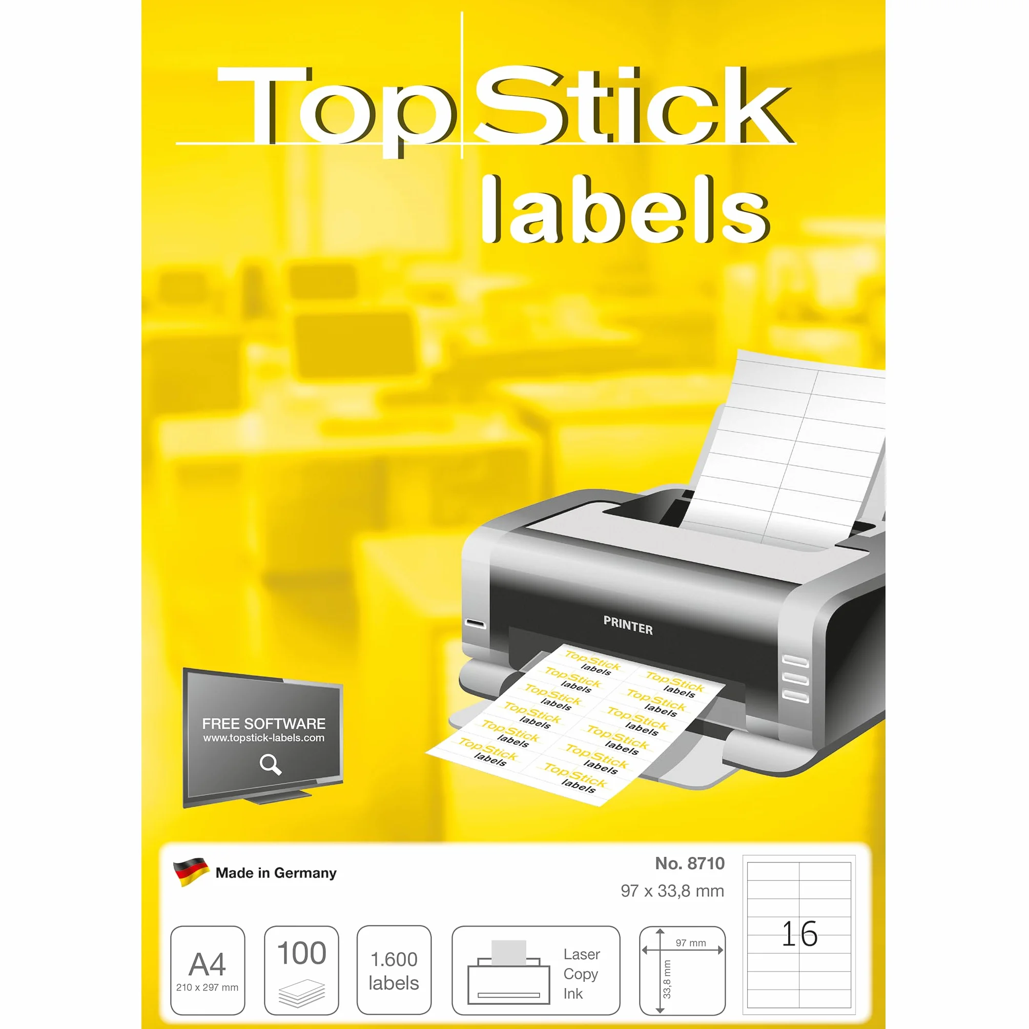 TopStick 8710 uniwersalne etykiety, 100 arkuszy, 97 x 33,8 mm, 16 arkuszy A4, 1600 sztuk, samoprzylepne, nadają się do zadrukowania, matowe, nieprzezroczyste naklejki samoprzylepne, białe