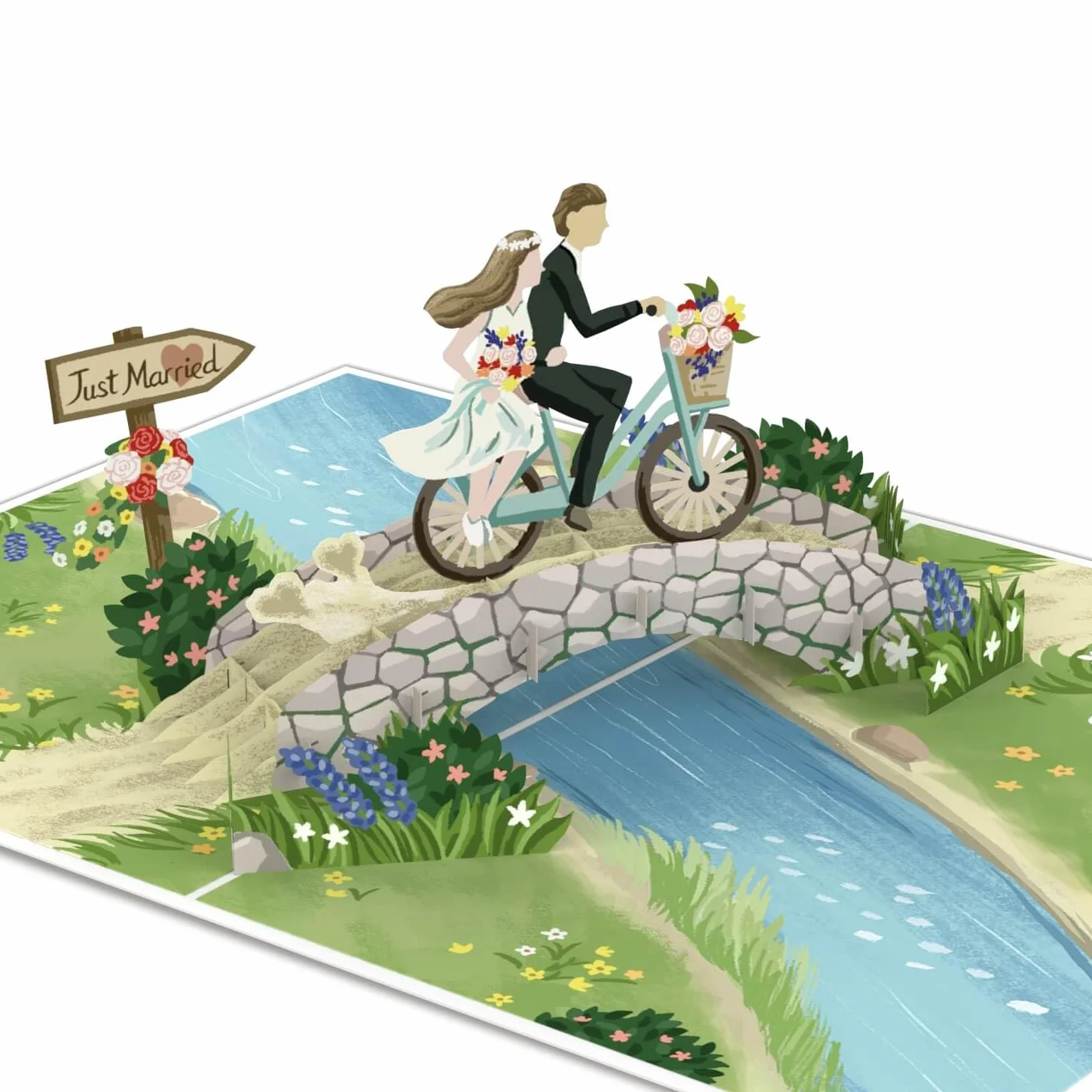 papercrush Luksusowa kartka ślubna 3D Pop Up dla panny młodej i pana młodego na rowerze – karta Just Married, śmieszne gratulacje ślubne dla córki, syna, brata i szwagierki, kupon podarunkowy na