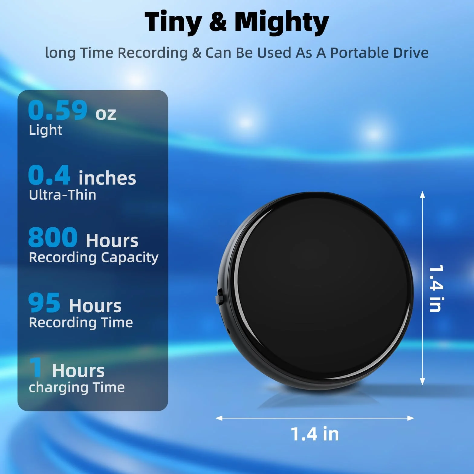 Hinne Mini dyktafon 64 GB, aktywacja głosem, nagrywanie 800 h, interfejs 3,5 mm