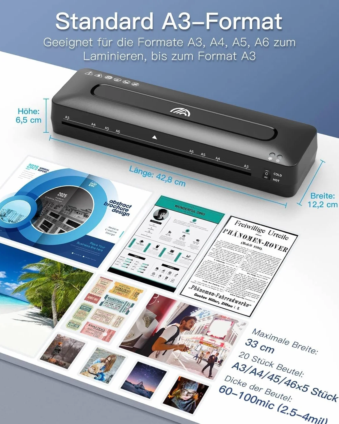 Laminator A3 – laminator 5 w 1 z 20 foliami do laminowania na gorąco i zimno, zestaw z maszyną do cięcia papieru i zaokrągleniem narożnym, do użytku domowego, biura, szkoły, zdjęć