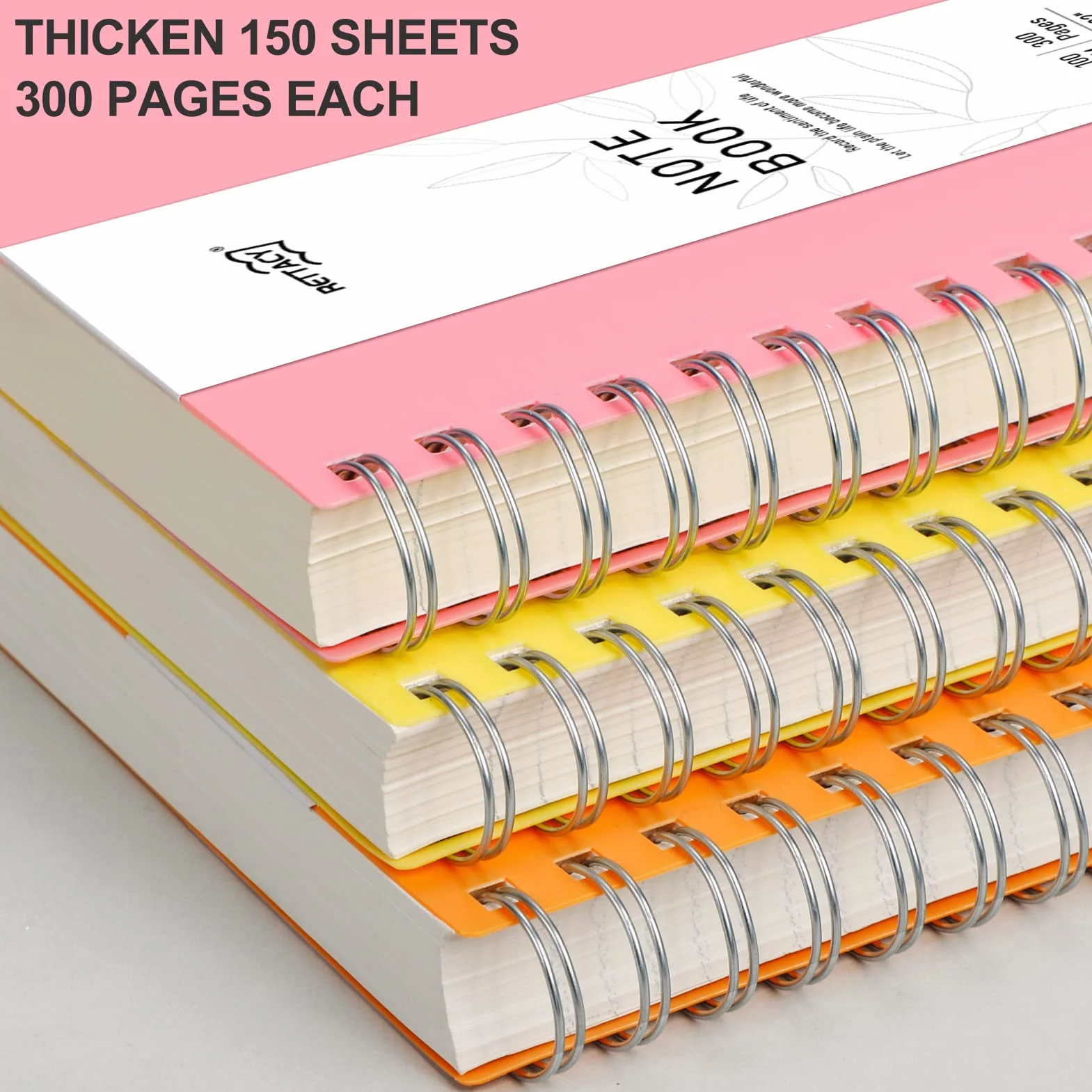 RETTACY A4 Notatnik, zeszyt, zeszyty spiralne, 300 kartek/150 stron do pisania, 100 g/m² papier linowany, okładka twarda PVC, 21,5 x 27,9 cm – różowy