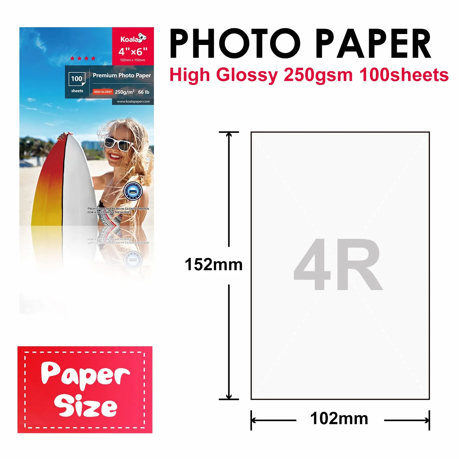 KOALA Papier fotograficzny o wysokim połysku, 10 x 15 cm 250 g/m², 100 arkuszy, z wysokiej jakości zaawansowaną powłoką z żywicy do drukarek atramentowych Canon Hp Epson