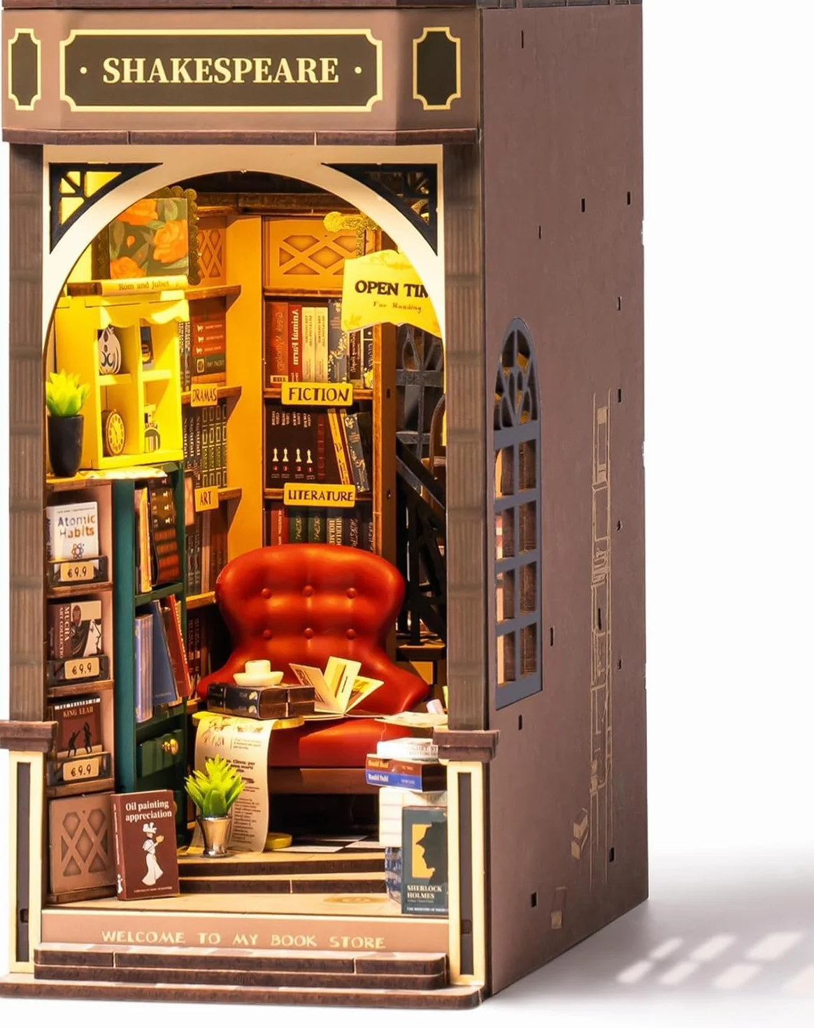 ROBOTIME Zestaw dla dorosłych z oświetleniem LED, księgarnia, 3D, drewniane puzzle, zestaw do domu dla lalek, dekoracja regału, prezent na Boże Narodzenie, prezent urodzinowy