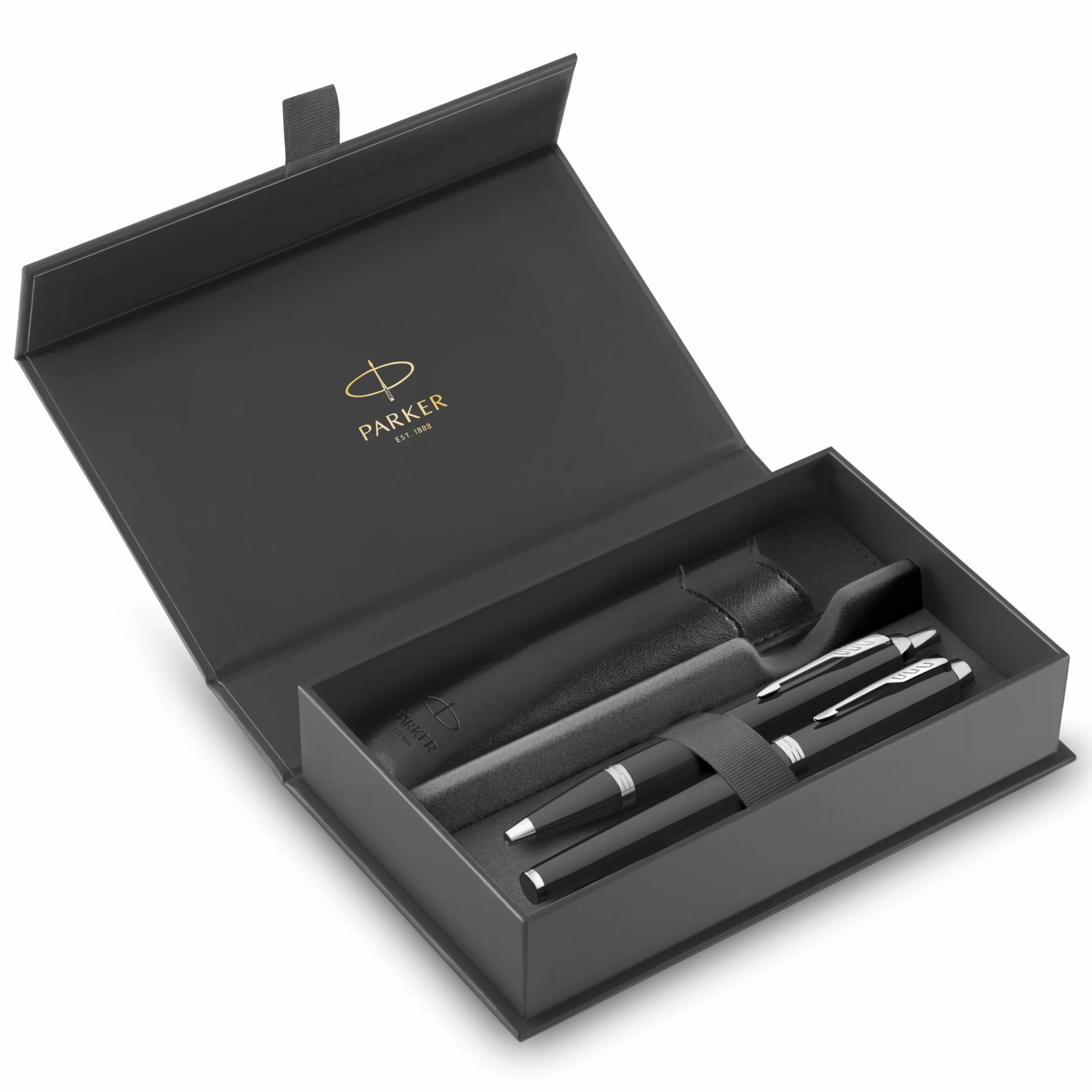 Parker IM Duo zestaw upominkowy pióro wieczne długopis etui czarny lakier chromowane wykończenia końcówka medium