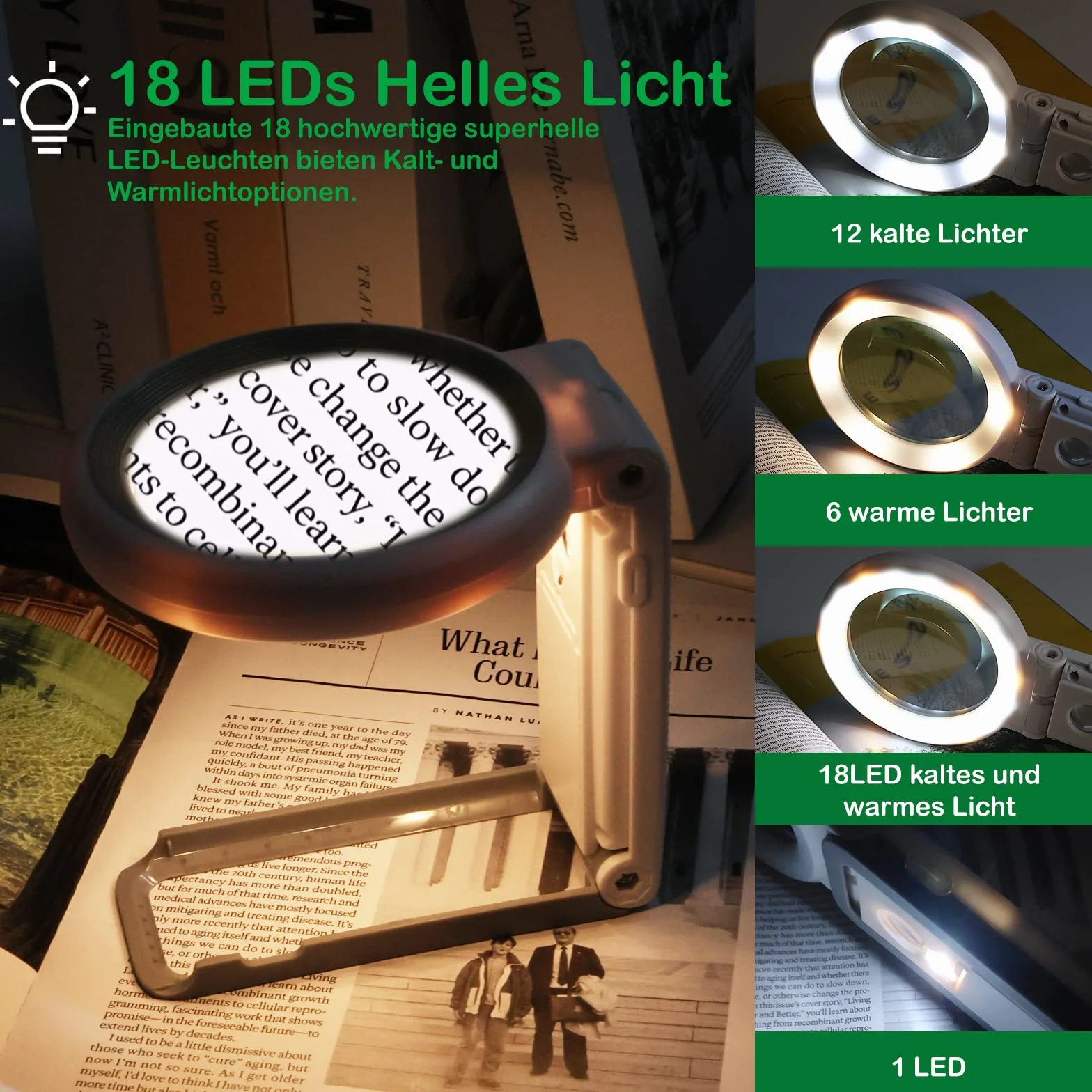 Lupa ze światłem i stojakiem, 30 x 10 x składana lupa do czytania z 18 diodami LED, ściemniana, duża szklana lupa ręczna, lupa biurkowa dla seniorów, jubilerów, rzemiosła, książek, monet, zwyrodnienia