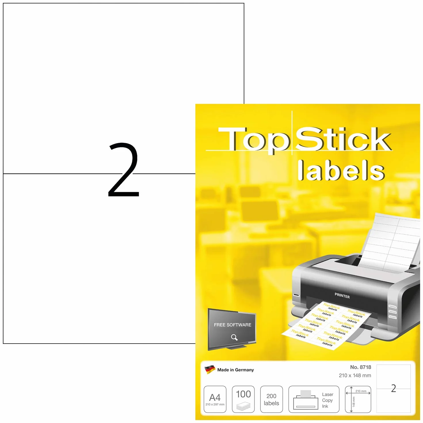 TopStick Samoprzylepne etykiety wielofunkcyjne, 2 etykiety na arkusz A4, 100 arkuszy, 210 x 148 mm, 200 etykiet, puste uniwersalne etykiety, samoprzylepne etykiety do drukarek laserowych i
