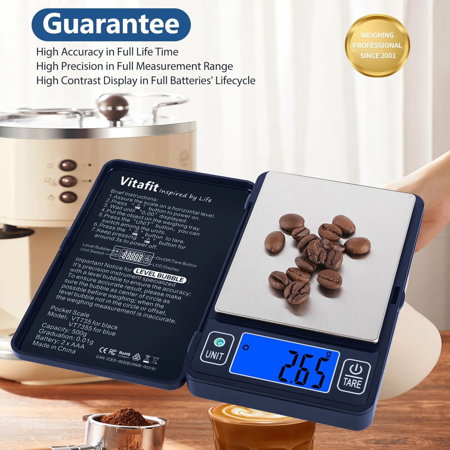 Vitafit 500 g cyfrowa waga kieszonkowa z dokładnością 0,01 g, wysoka precyzja dzięki wbudowanej libelli, precyzyjna waga gramowa do wielu funkcji: kuchnia, żywność, biżuteria, laboratorium, kawa