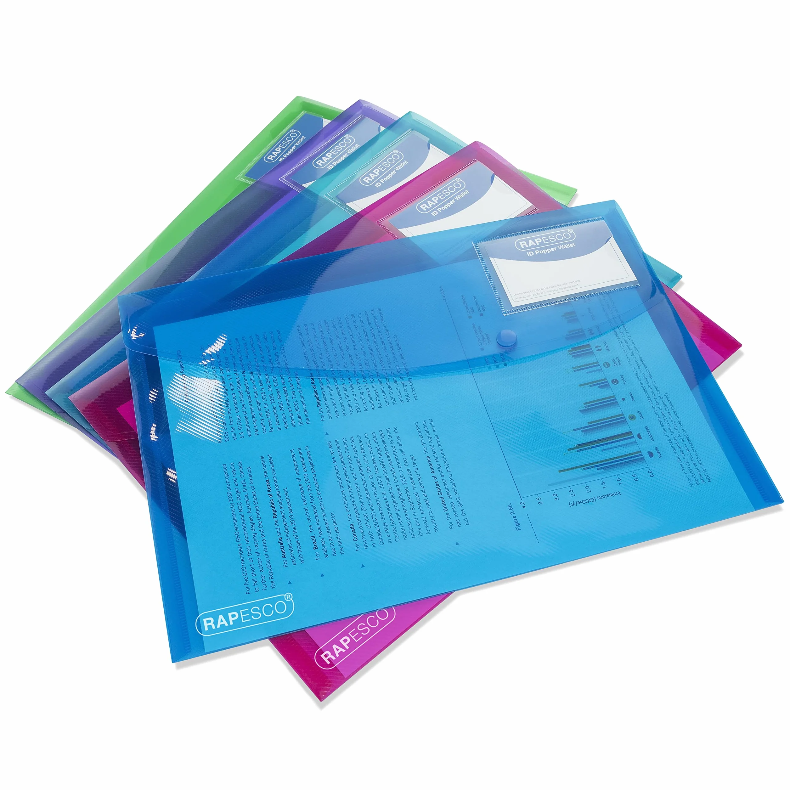 Rapesco ECO Recyklingowanego Plastikowe Portfele A4 Przezroczyste Kolory Opakowanie 5