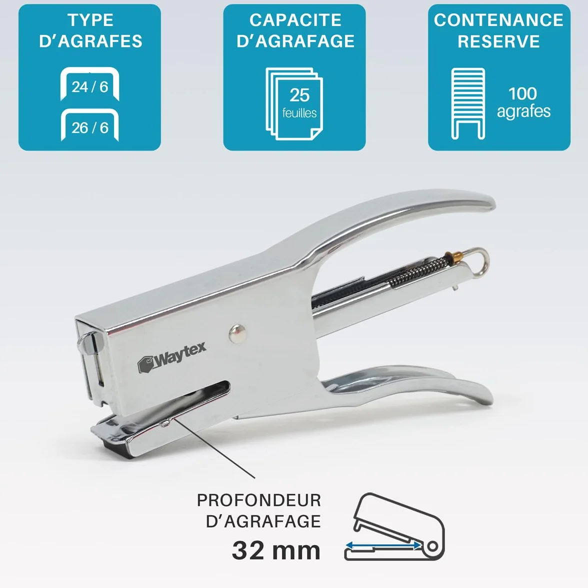 WAYTEX 931550 Zszywacz metalowy 25 arkuszy, 100% kompaktowy metal, do zszywek 24/6 i 26/6, intensywne użytkowanie - Chrom