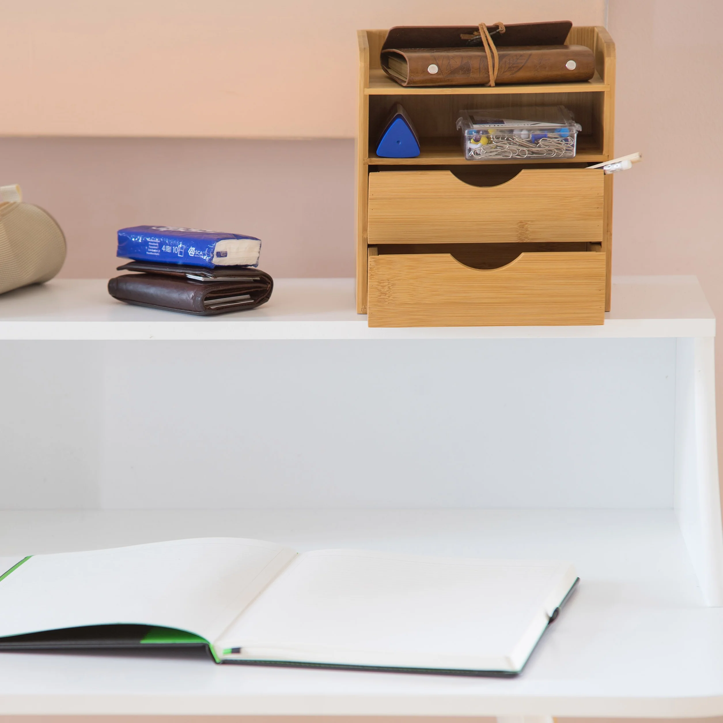 Relaxdays Organizer na biurko bambusowy z 2 półkami i 2 szufladami naturalny brąz
