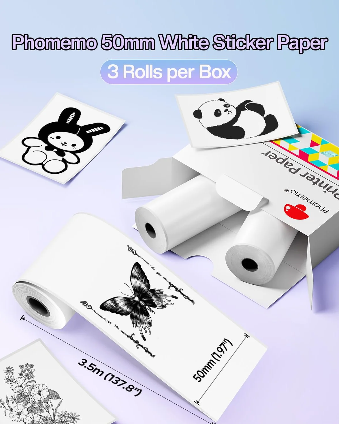 Phomemo T02/M02X/M02L papier do naklejek – 3 rolki samoprzylepnego papieru do drukarki termicznej, 53 mm x 3,5 m, 10 lat konserwacji, czarny na białym kolorze, do drukarek kieszonkowych Phomemo