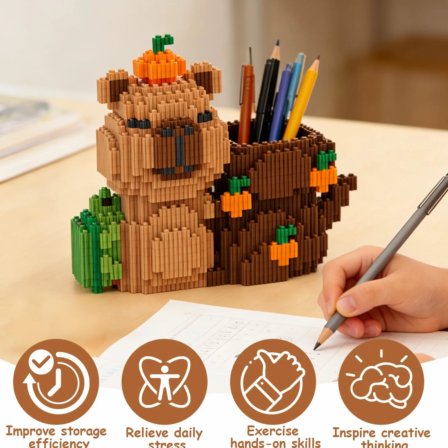 Capybara Capybara uchwyt na długopisy, Capybara klocki zaciskowe, prezent Capybara, model 3D, kreskówka, mini klocki z instrukcją obsługi dla dorosłych i dzieci, gry