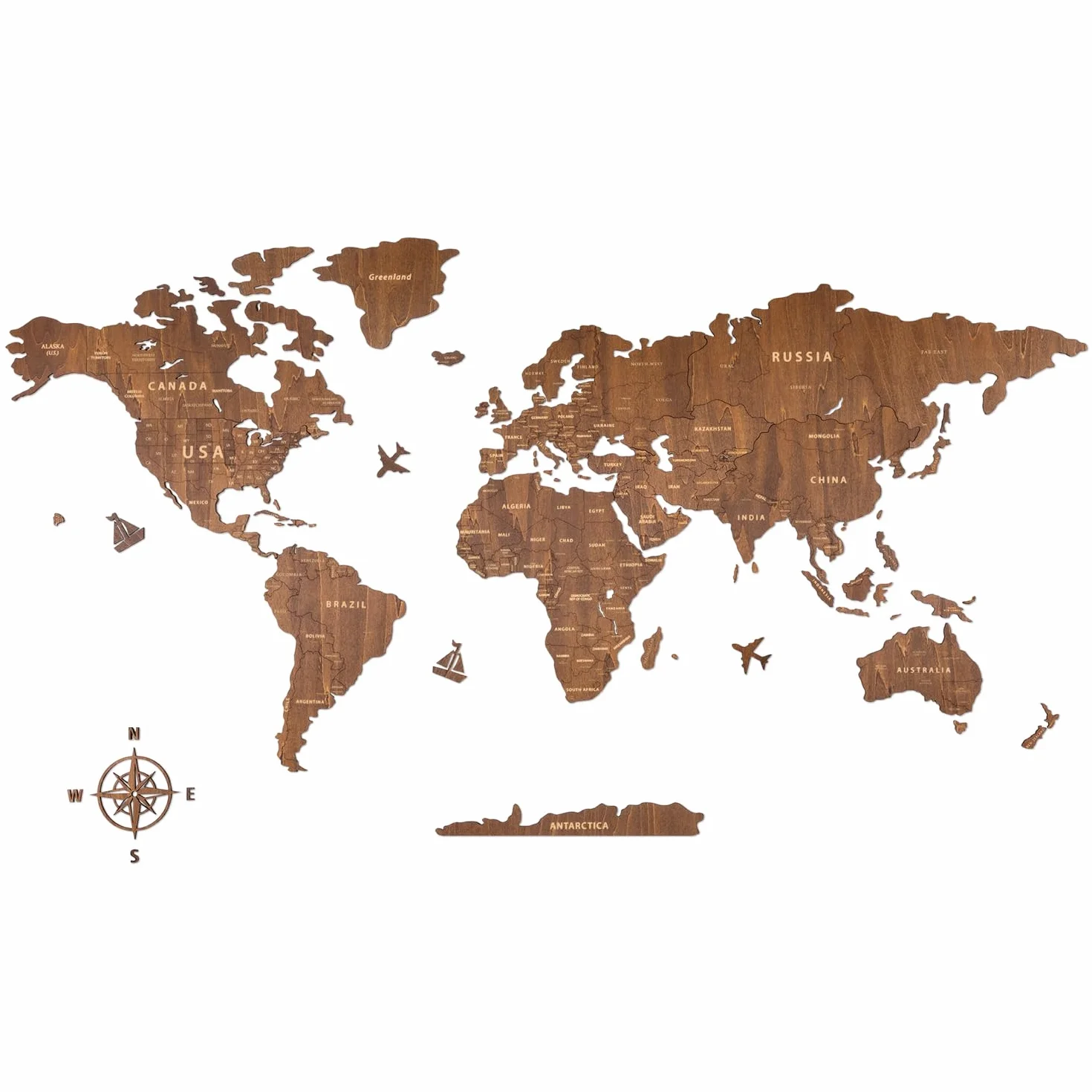 Creawoo Drewniana mapa świata Wall Art, orzechowe drewno mapa podróży do salonu, sypialni, dekoracji biura, idealny prezent dla pary, Housewarming (150x85cm)