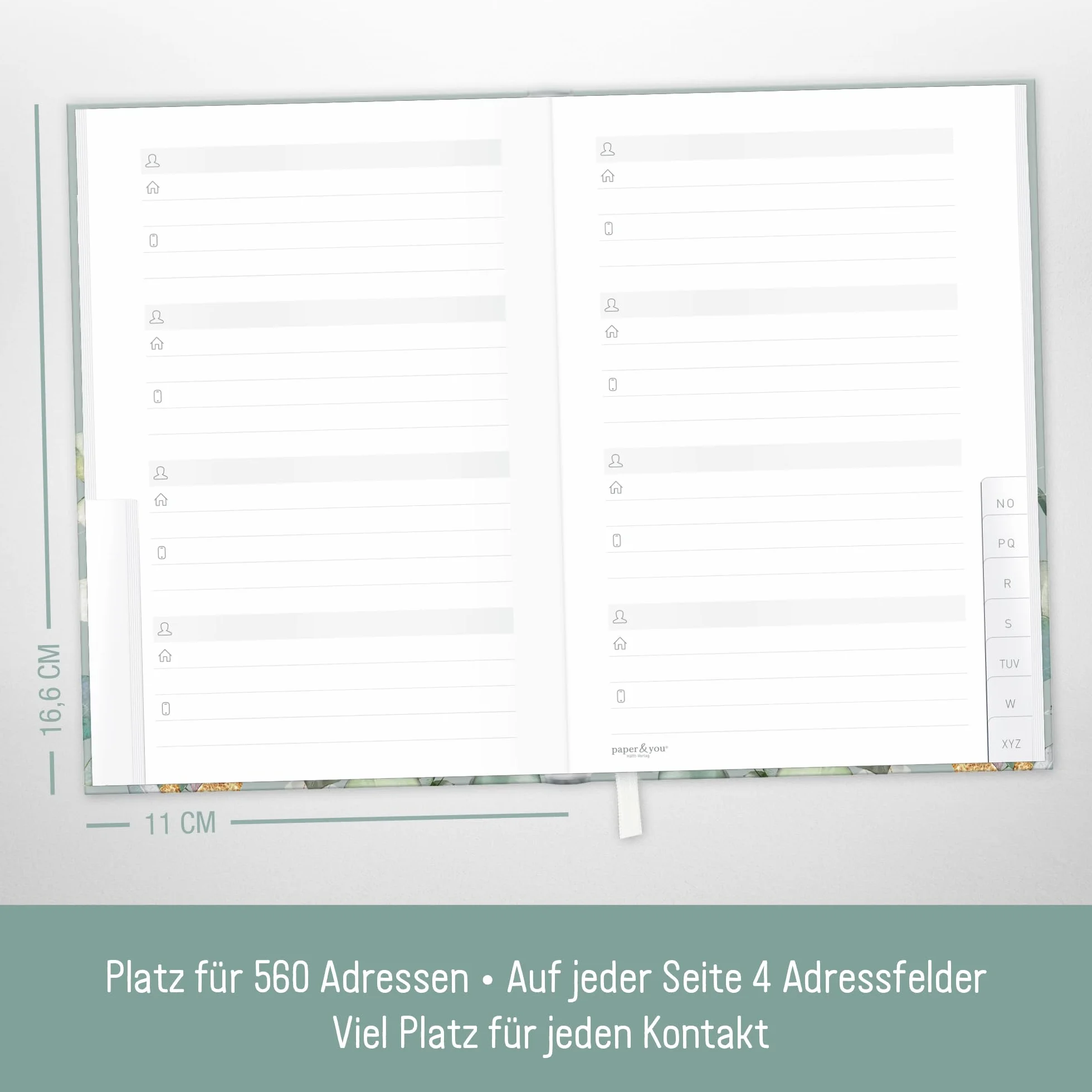 Książka adresowa paper&you® A6+ z indeksem A-Z papierem premium 120 g/m² "Minty Leaves" na kontakty, daty urodzin i hasła - zrównoważona & przyjazna dla klimatu