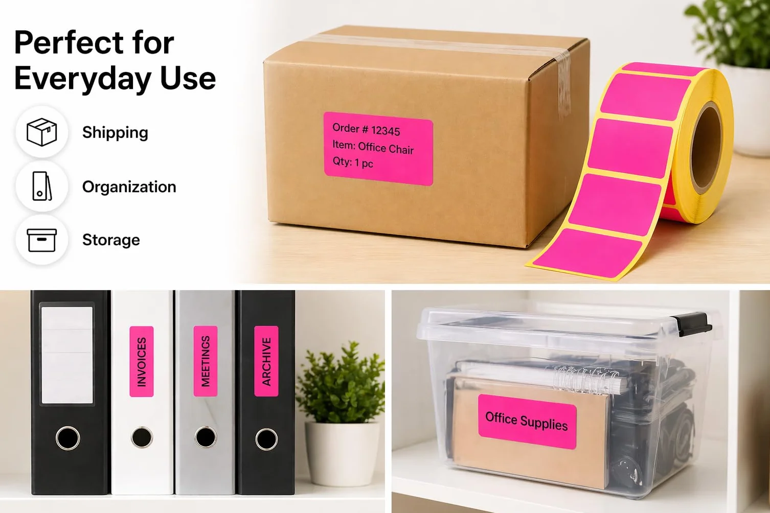 MD Labels Neonowe różowe etykiety samoprzylepne 60 x 30 mm na rolce – 1000 sztuk – samoprzylepne etykiety do biura, magazynu i wysyłki