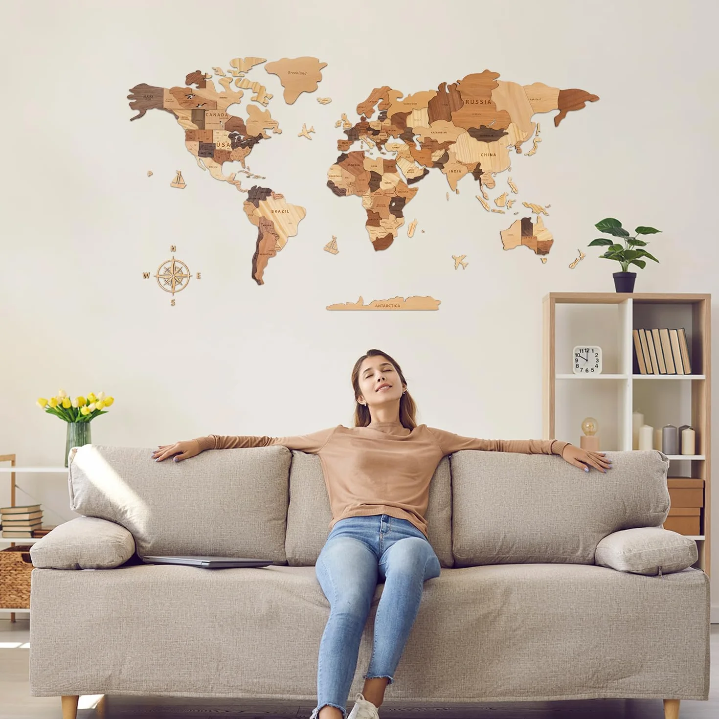 Creawoo Dekoracja Ścienna Mapa Świata 3D, Wielowarstwowa Mapa Drewna, 150 x 85 cm