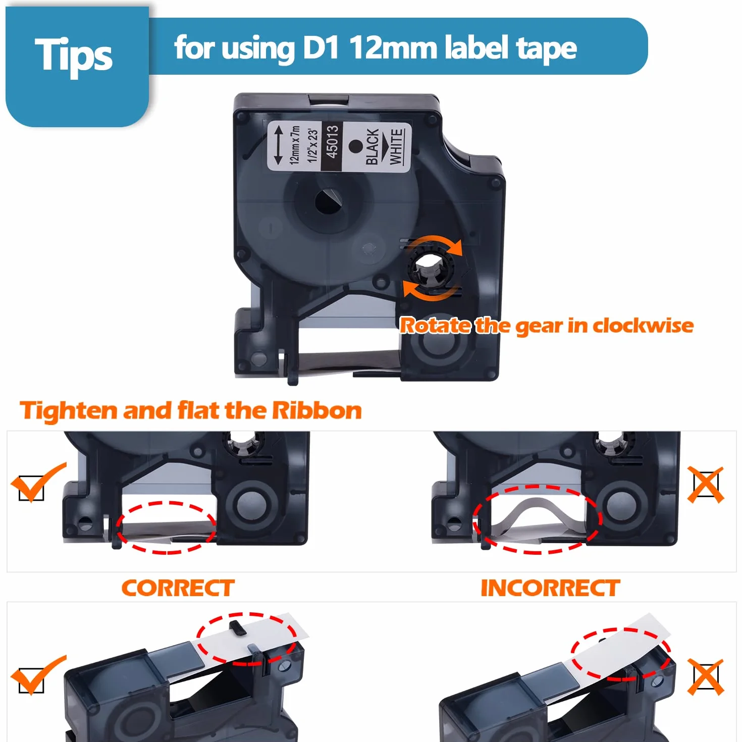 7x Hehua D1 12mm Zamiennik Taśmy do Dymo D1 45013 (2PK) 45010 45016 45017 45018 45019, Kompatybilna z Dymo LabelManager 160 210D 260P 360D LabelWriter 40D 0 450 Duo (12mm x 7m)