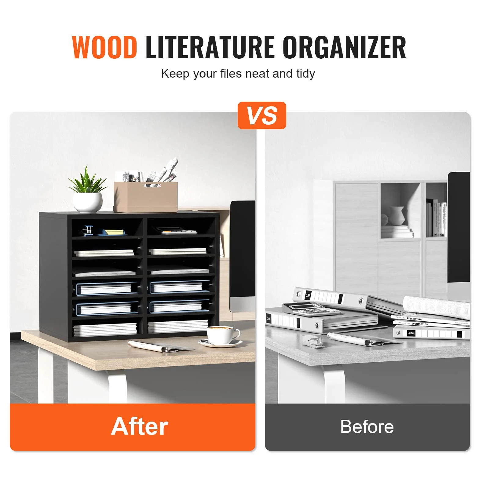 VEVOR Drewniany Organizator Literatury Płyta wiórowa Półka do przechowywania dokumentów 12 przegródek 52x30,5x41 cm Klasyfikator literatury z regulowanymi półkami biurowymi, Czarny