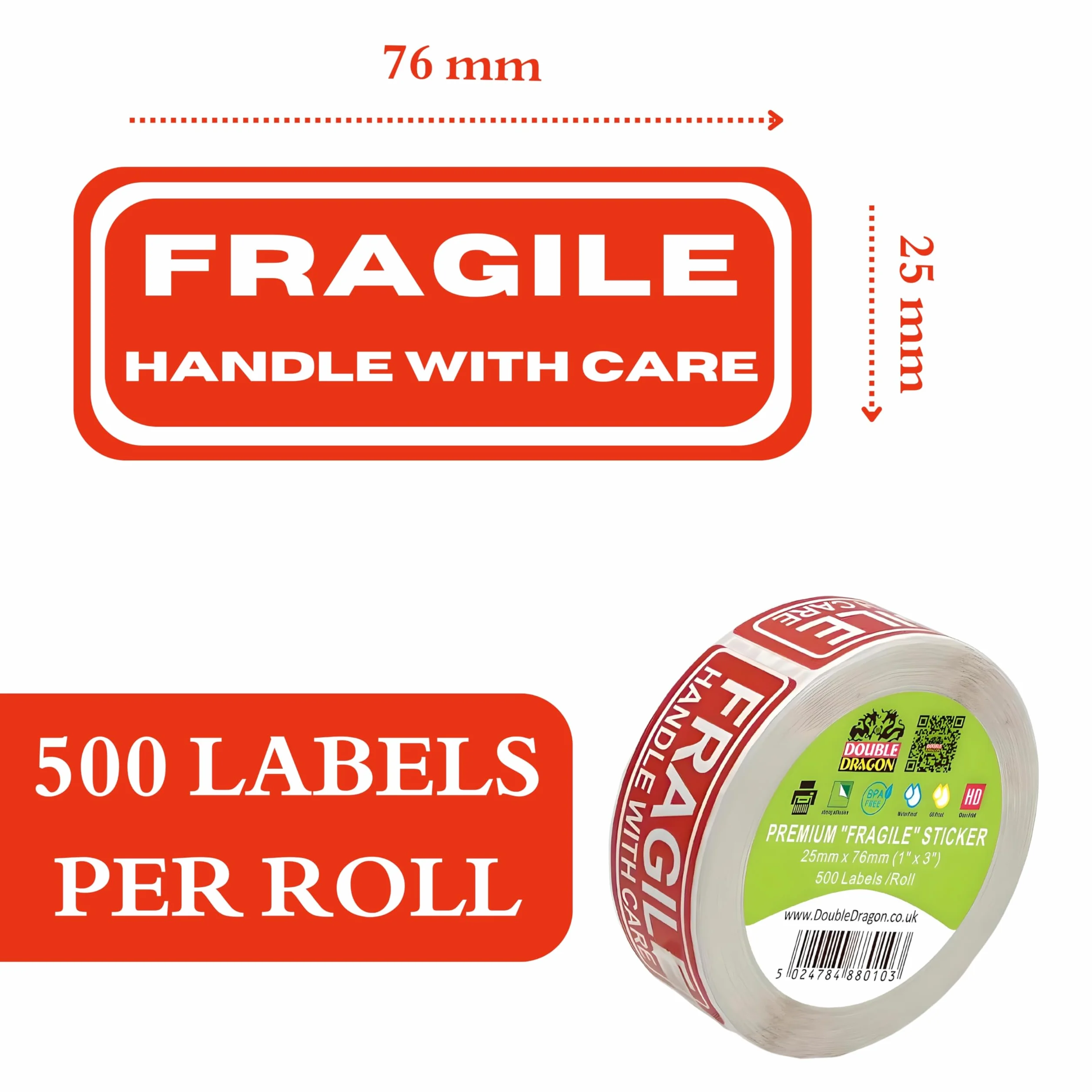 Double Dragon, 500 naklejek „Fragile” 1"x 3" (25mm x 76mm), Naklejki Ostrzegawcze „Obsługiwać Ostrożnie” do Wysyłki i Pakowania, 1"x 3"