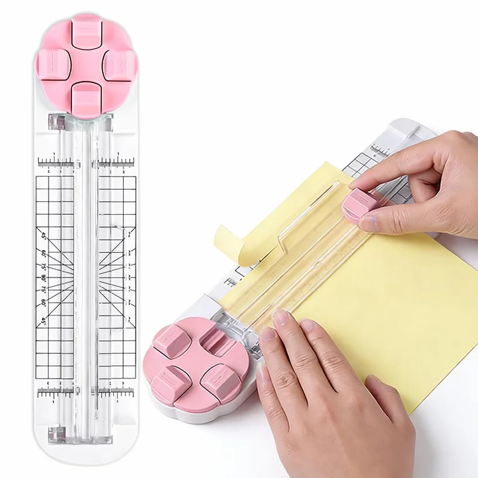 Nóż do papieru 4 w 1, wielofunkcyjny, do cięcia papieru z prowadnicą linii cięcia i linijką boczną, do scrapbookingu, papieru do majsterkowania, projektów DIY, prac ręcznych, różowy