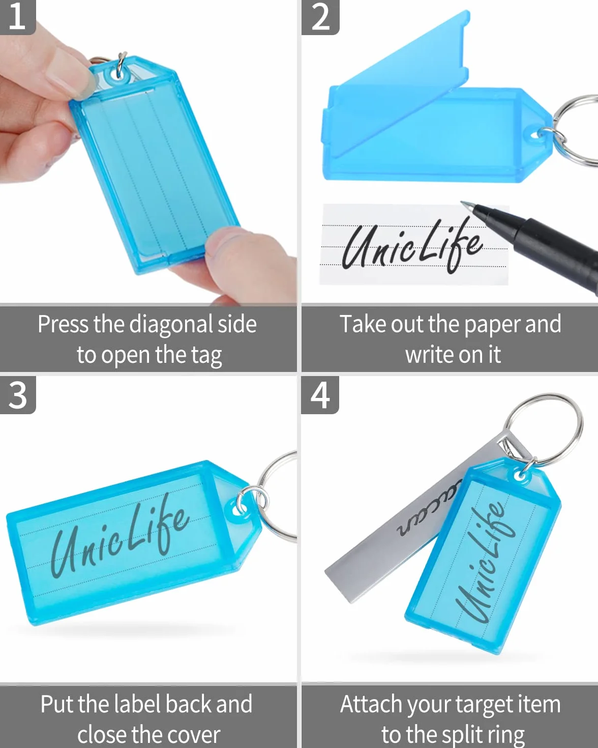 Uniclife 20 sztuk Przywieszki do kluczy 5 cm Plastikowe Przywieszki do łańcucha kluczy z przezroczystymi etykietami i dzielonymi pierścieniami, stabilne identyfikatory przedmiotów, 8 kolorów