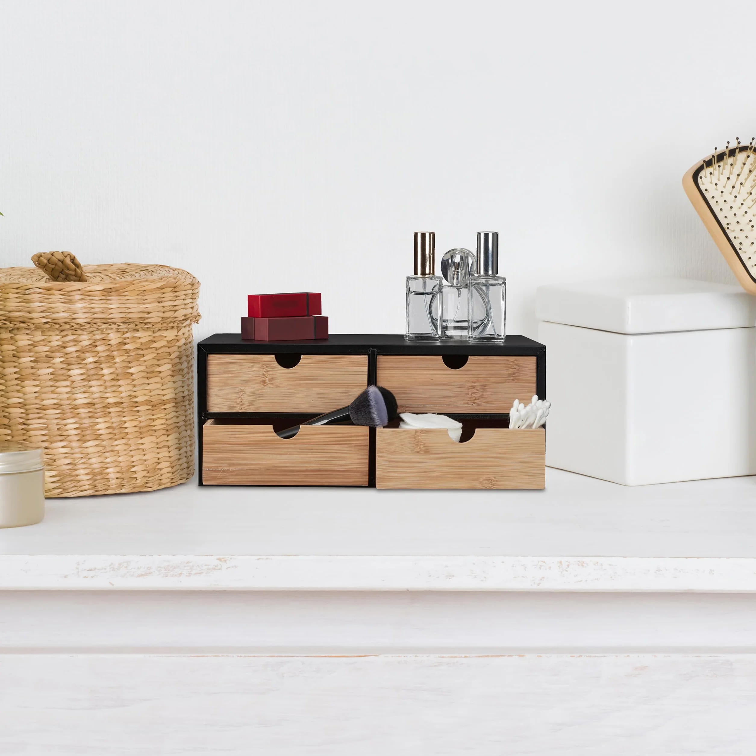 Relaxdays Organizer na biurko 4 szuflady bambus MDF 13,5 x 33 x 21 cm naturalny czarny