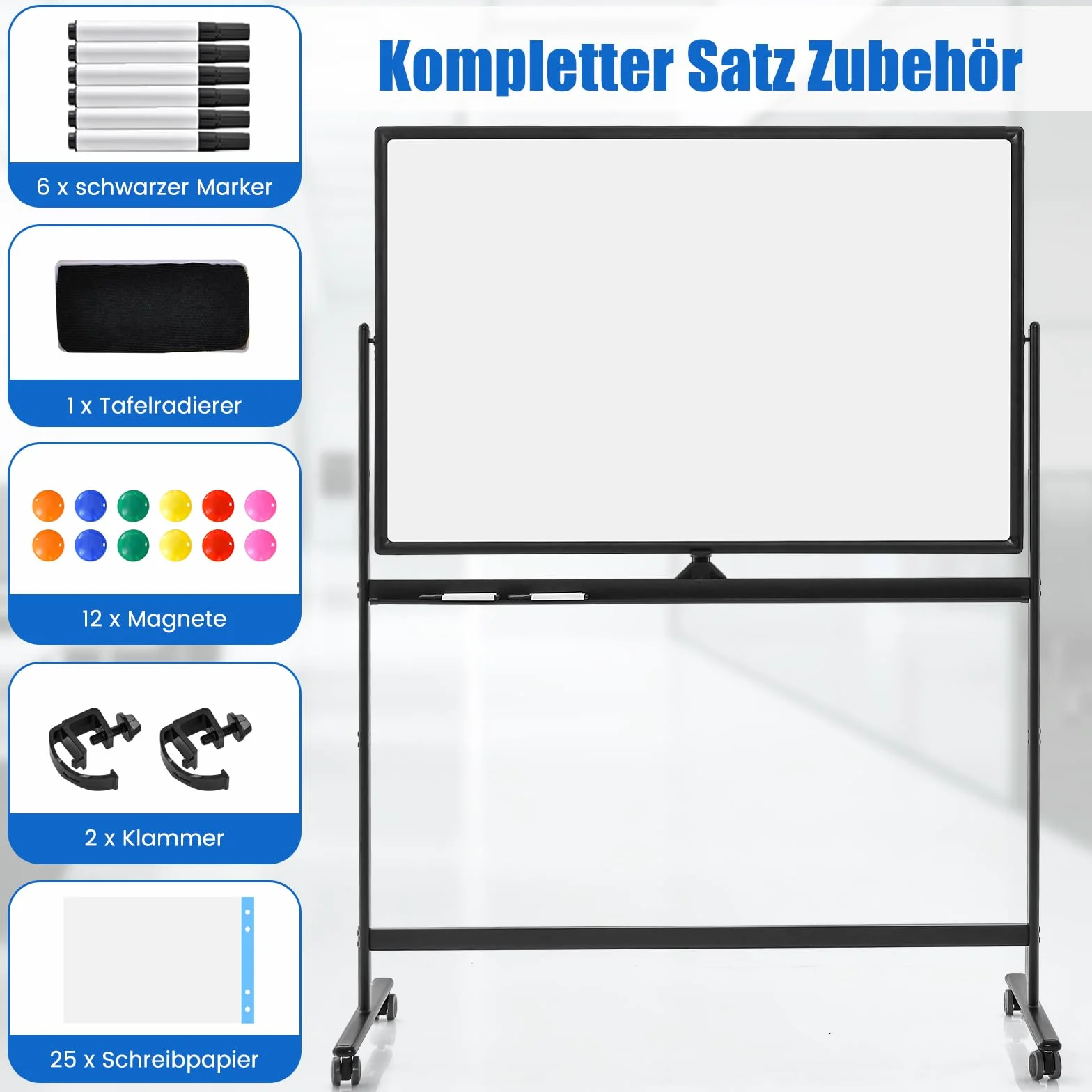 COSTWAY Dwustronna tablica suchościeralna magnetyczna 120 x 80 cm z kółkami i stojakiem