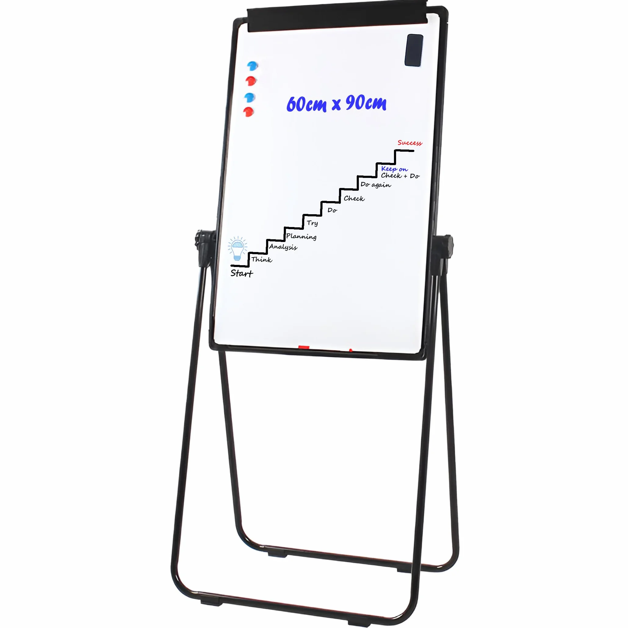 TUKA-i-AKUT ​ Stojak na flipchart, tablica magnetyczna, 90 x 60 cm, z regulacją wysokości, składany, stojak w kształcie litery U, sztaluga suchościeralna, z uchwytem na papier, zmywalna, kolor czarny