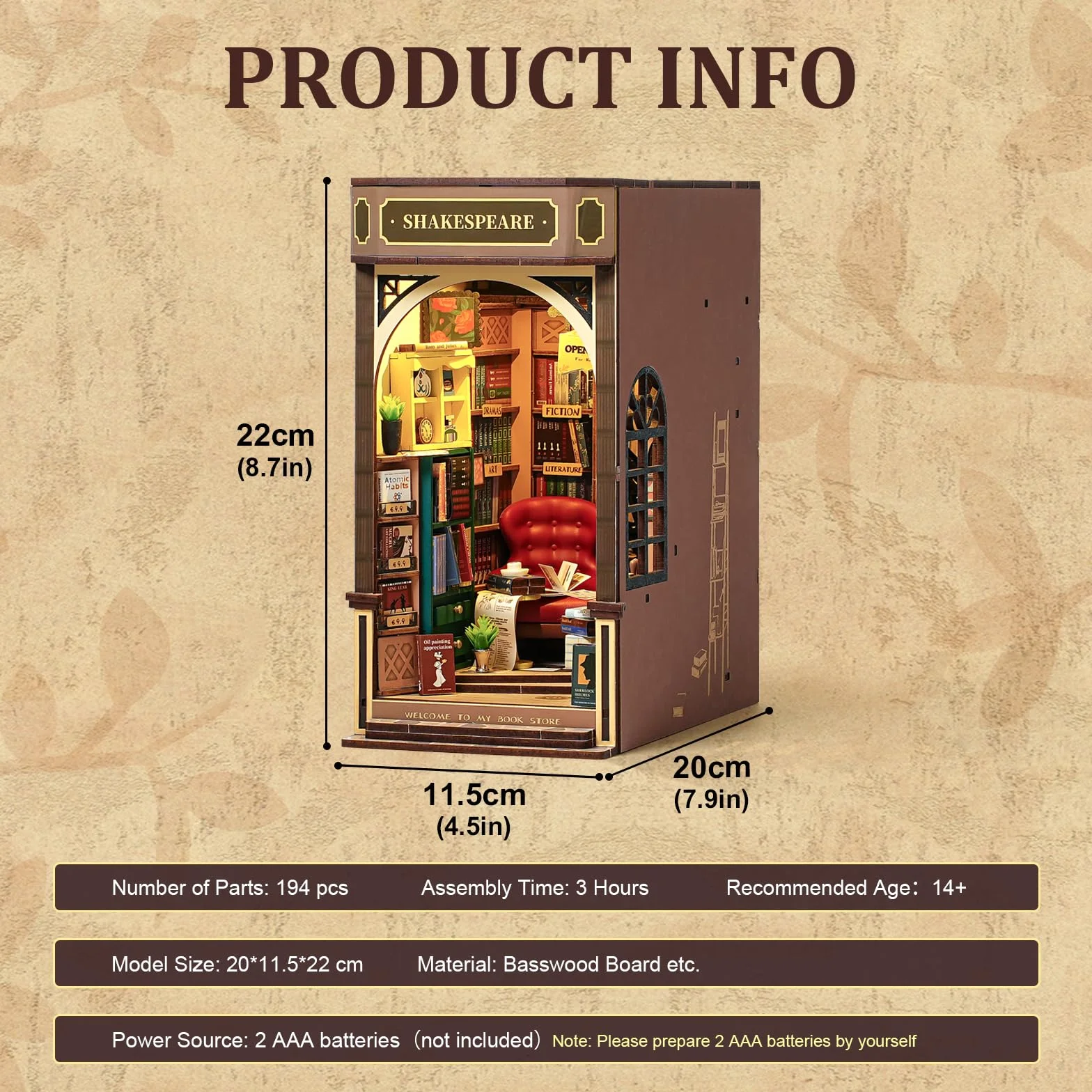 ROBOTIME Zestaw dla dorosłych z oświetleniem LED, księgarnia, 3D, drewniane puzzle, zestaw do domu dla lalek, dekoracja regału, prezent na Boże Narodzenie, prezent urodzinowy