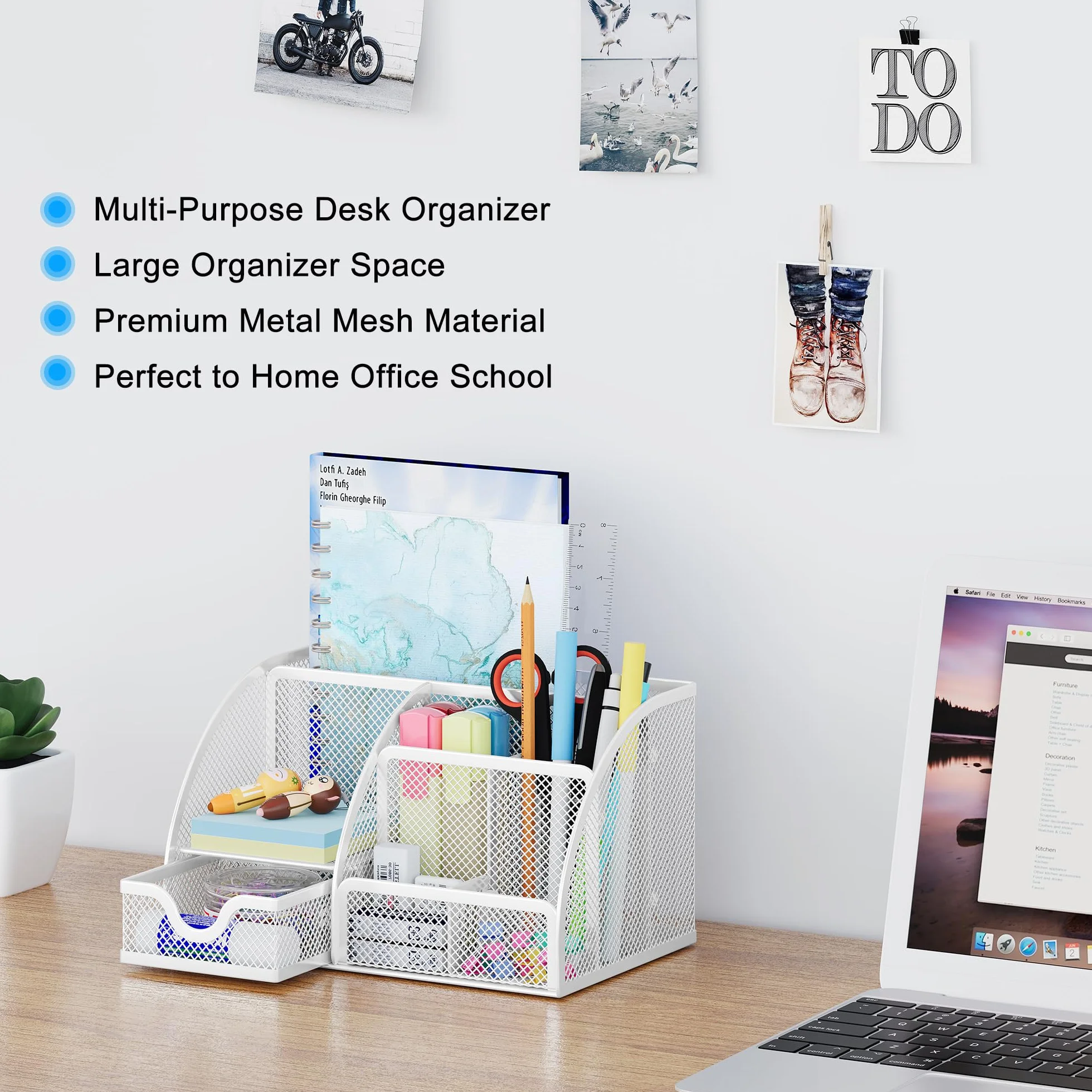 EasyPAG Organizer Biurko 7 Przedziały Metal Siatka,Uchwyt na Ołówki,Pojemnik na Długopisy,Organizer na Stół z Szuflada per Biuro & Domu,Biały
