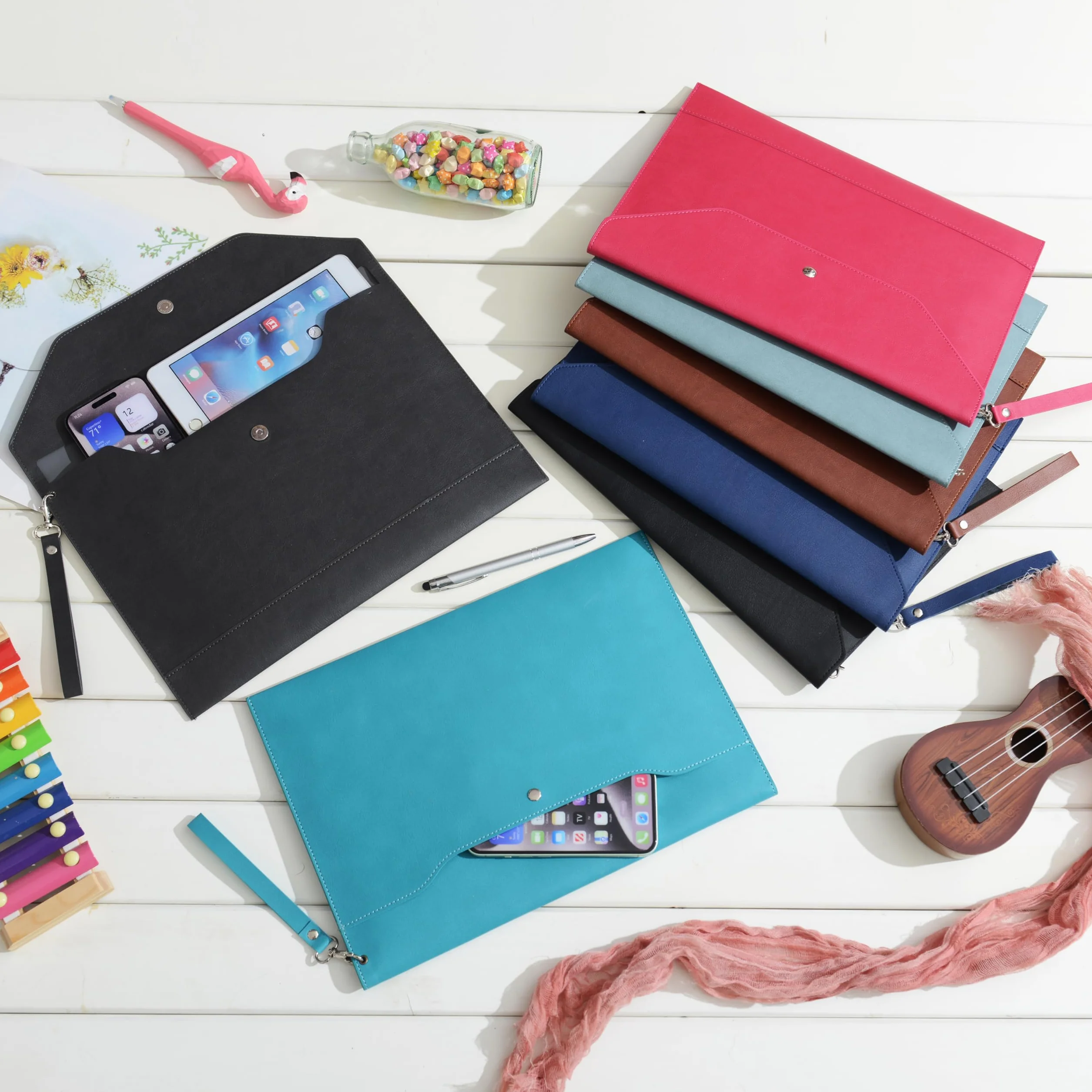 Wonderpool Kopertowe etui A4 ze skóry PU, teczka kieszonkowa, teczka na dokumenty, torba ze zdejmowanym paskiem na rękę i 4 kieszeniami na dokumenty, tablet, telefon, artykuły pa, śliwkowa