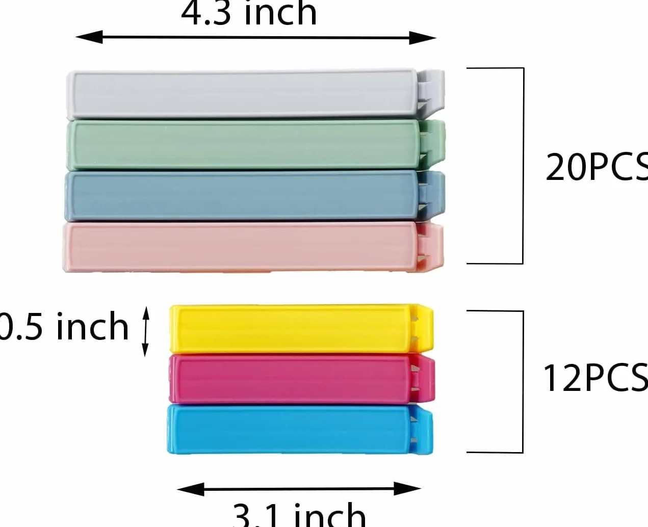 Yarall 32 szt. Klipsy do żywności i torebek – zakrzywione plastikowe klipsy do przechowywania chipsów i żywności, 2 rozmiary (11 cm x 20 i 7,8 cm x 12)