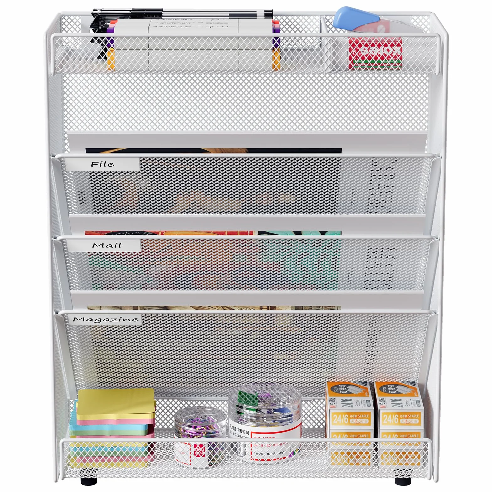 EasyPAG Uchwyt Ścienny na Dokumenty A4 5 Przedziały Metal Siatka,Ścienny Stojak na Pocztę,Wiszący Organizer na Dokumenty,Przechowywanie Czasopism do Biura & Domu,Biały