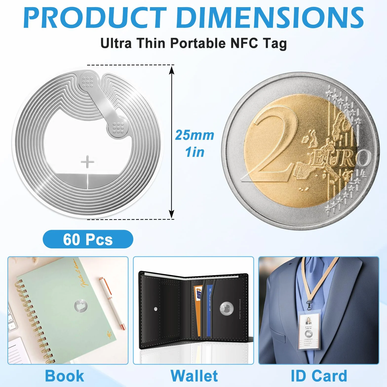 60 sztuk znaczników NFC, naklejki NTAG215 NFC, wodoodporne karty NFC 25 mm, kompatybilne z Tagmo Amiibo i wszystkimi telefonami i urządzeniami kompatybilnymi z NFC.