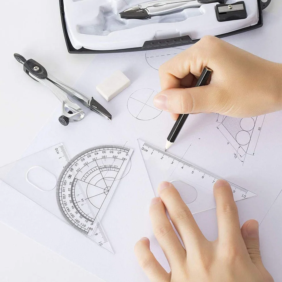 Zestaw geometrii, 10-częściowy zestaw kątowy do matematyki, temperówka do ołówków, linijki, zestaw do rysowania, dla uczniów w domu, szkole, rysowania, w torbie