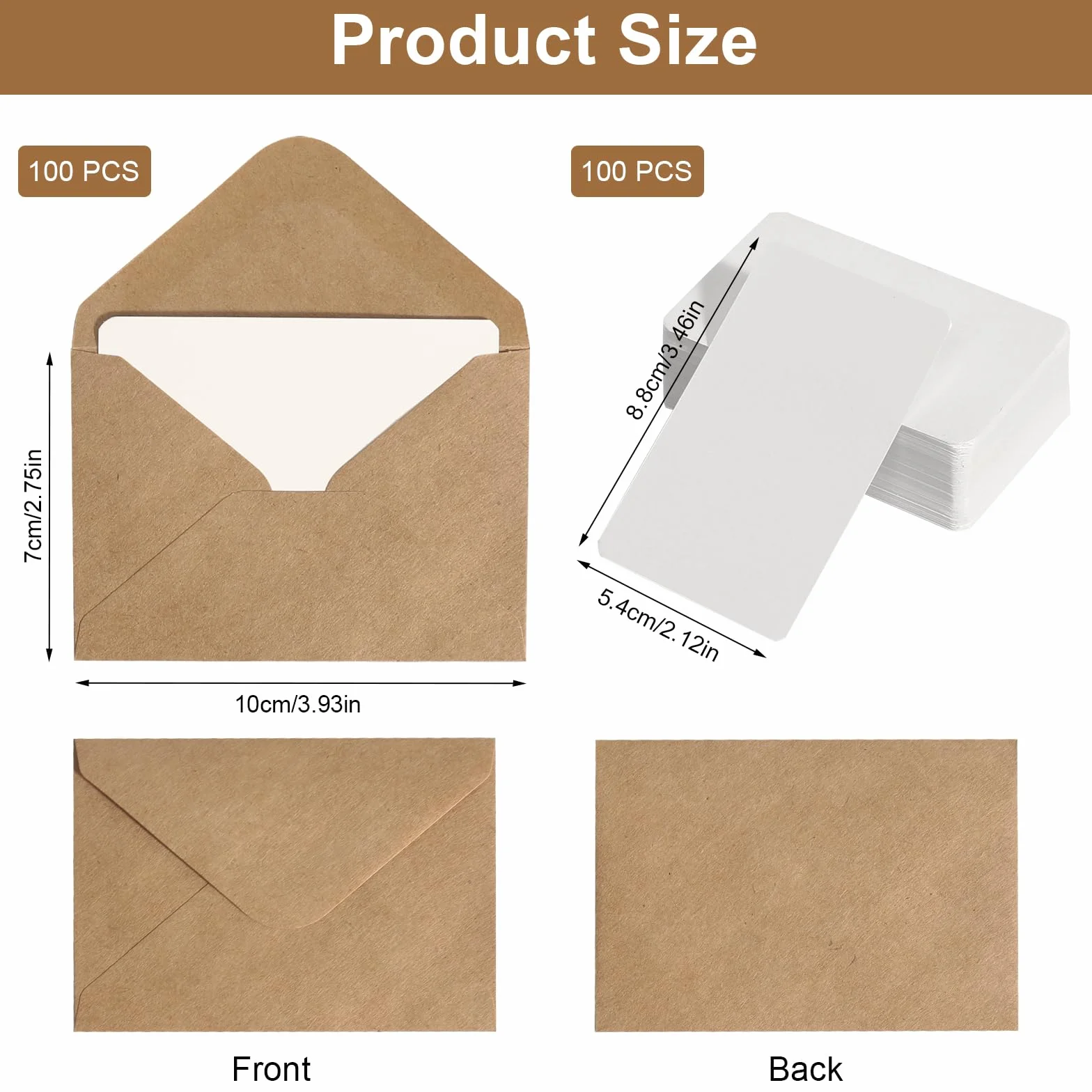 Koperty z papieru kraft 100 sztuk mini koperty z 100 sztuk blanko kartkami, małe brązowe koperty, małe koperty na prezenty pieniężne, kartki podziękowania, zaproszenia