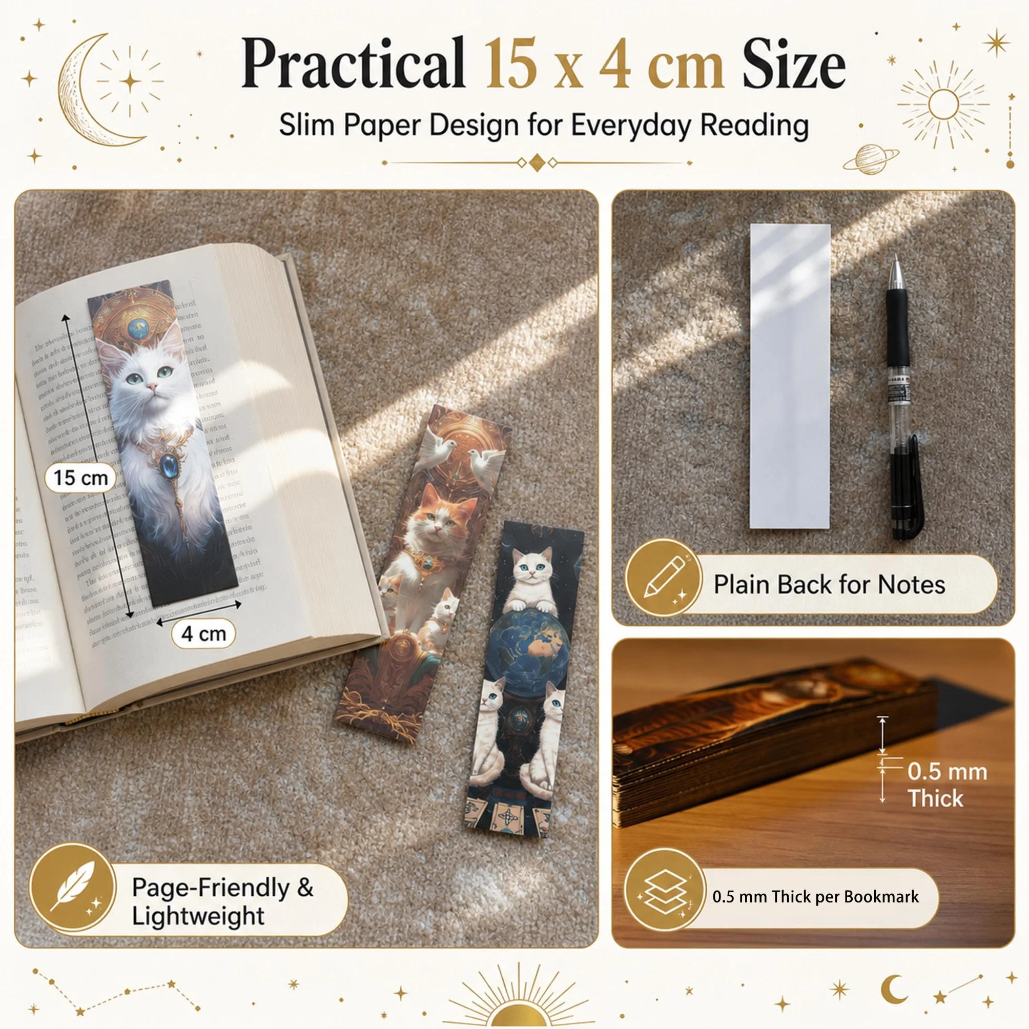 Zakładki do Książek Cat Tarot 30 Szt., Papierowe Zakładki z Kotami i Motywami Niebiańskimi 15 x 4 cm, Mistyczna Kolekcja Artystyczna dla Miłośników Książek, Kotów i Fantasy