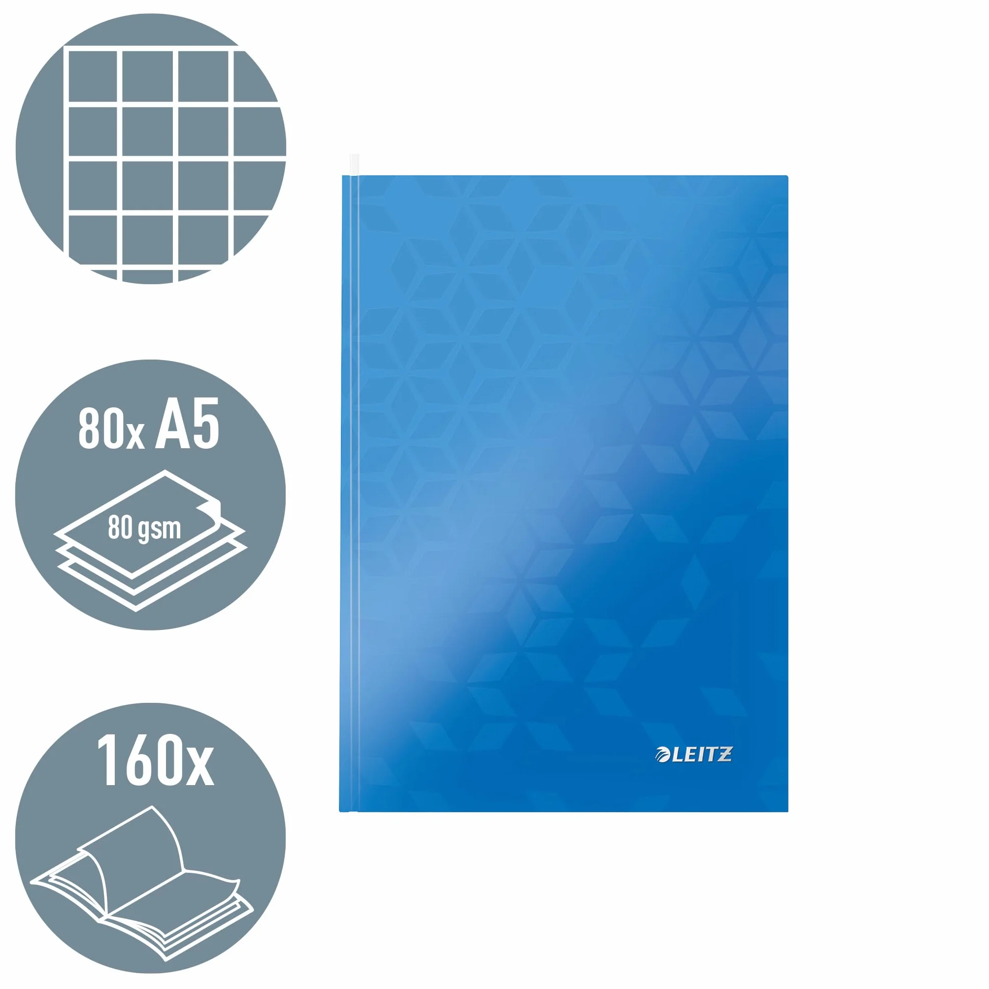Notatnik Leitz WOW A5 w kratkę, twarda oprawa, 160 stron, 80 arkuszy papieru z certyfikatem FSC (80 g/m²), oprawa nitkowa, do biura, szkoły lub jako pamiętnik, niebieski, 46281036