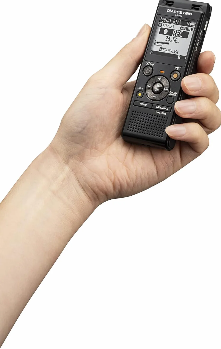 Wysokiej jakości dyktafon cyfrowy OM SYSTEM WS-883 z wbudowanymi mikrofonami stereofonicznymi, bezpośrednim połączeniem USB, balansem głosu, kasowaniem szumów, 8 GB pamięci, VCVA