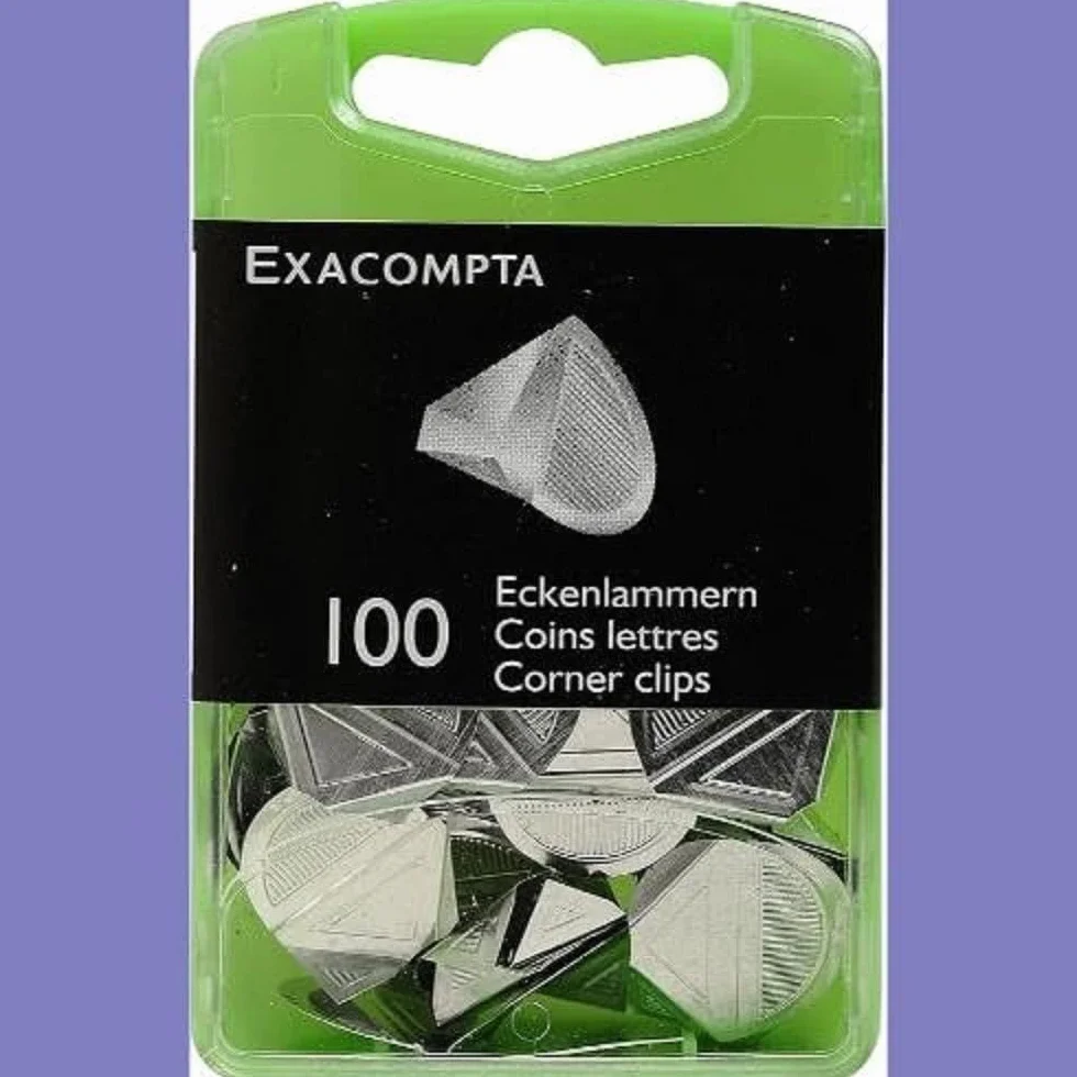 Exacompta 14763E Spinacz narożnikowy do kartek - 100 sztuk - długość 30mm - metalowe - spinacz biurowy - kolor: srebrny