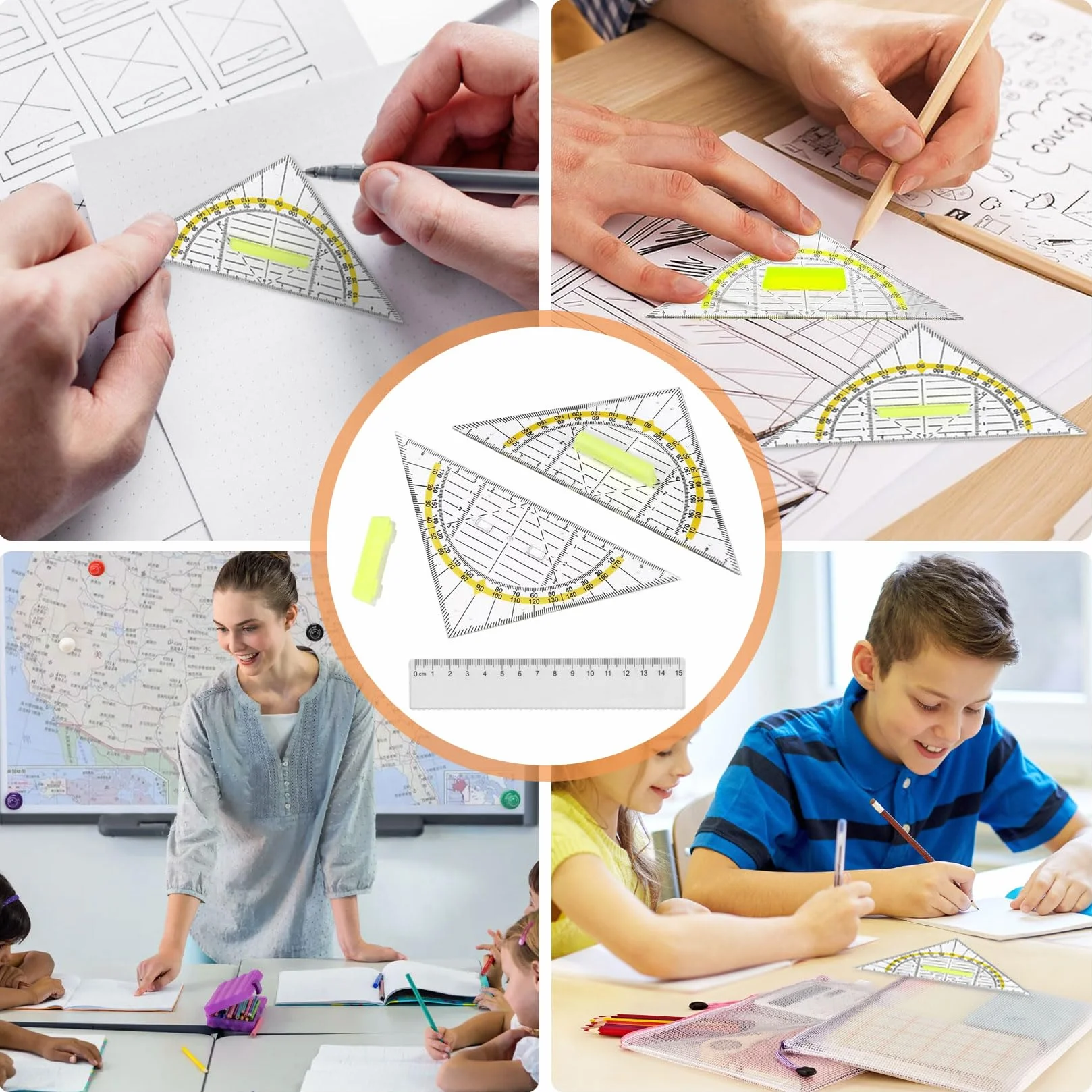 6 sztuk ekierki geometrycznej z uchwytem 16 cm, elastyczne szablony koła Geo i 2 sztuki linijki 15 cm, ekierki, zestaw linijki dla studentów, biura, projektanta, malarstwa