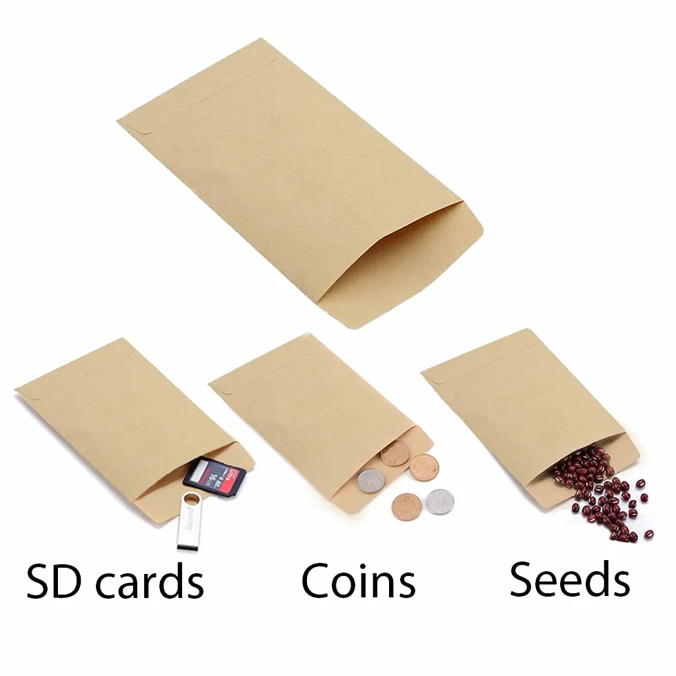 100 sztuk torebek z papieru pakowego 9 x 12 cm brązowe koperty małe torebki z nasionami Vintage Mini koperta na monety cukierki biżuteria - z dwustronną wstążką