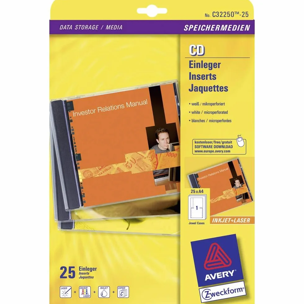 Avery Zweckform C32250-25 Wkładki CD 151 x 118 mm Specjalna powłoka z mikroperforacją do atramentowej kserokopiarki laserowej 185 g 25 arkuszy